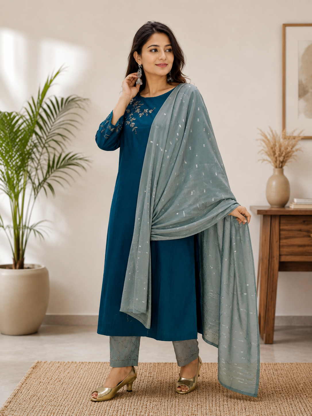 Azure Grace Embroidered Kurta Set with Dobby Dupatta
