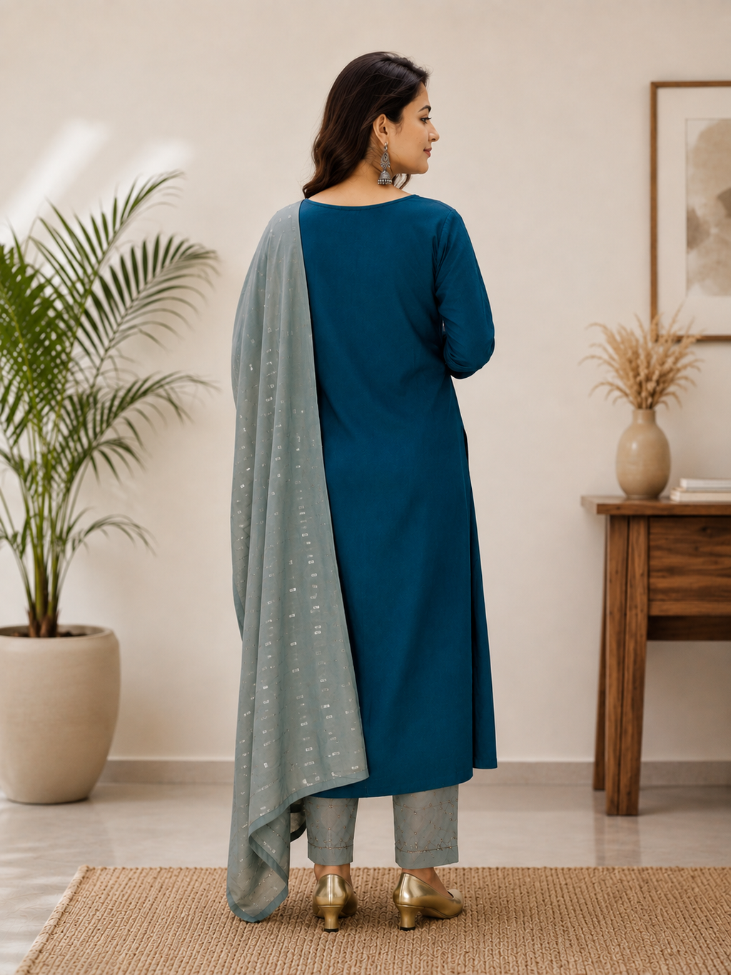 Azure Grace Embroidered Kurta Set with Dobby Dupatta