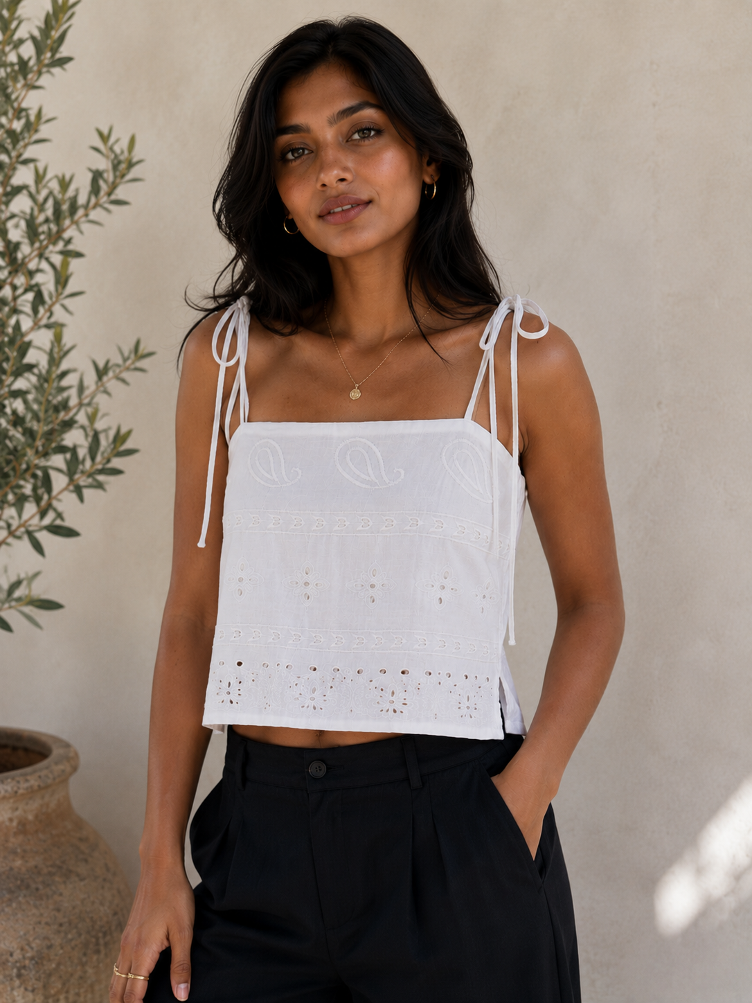 White Bloom Tie-Strap Top
