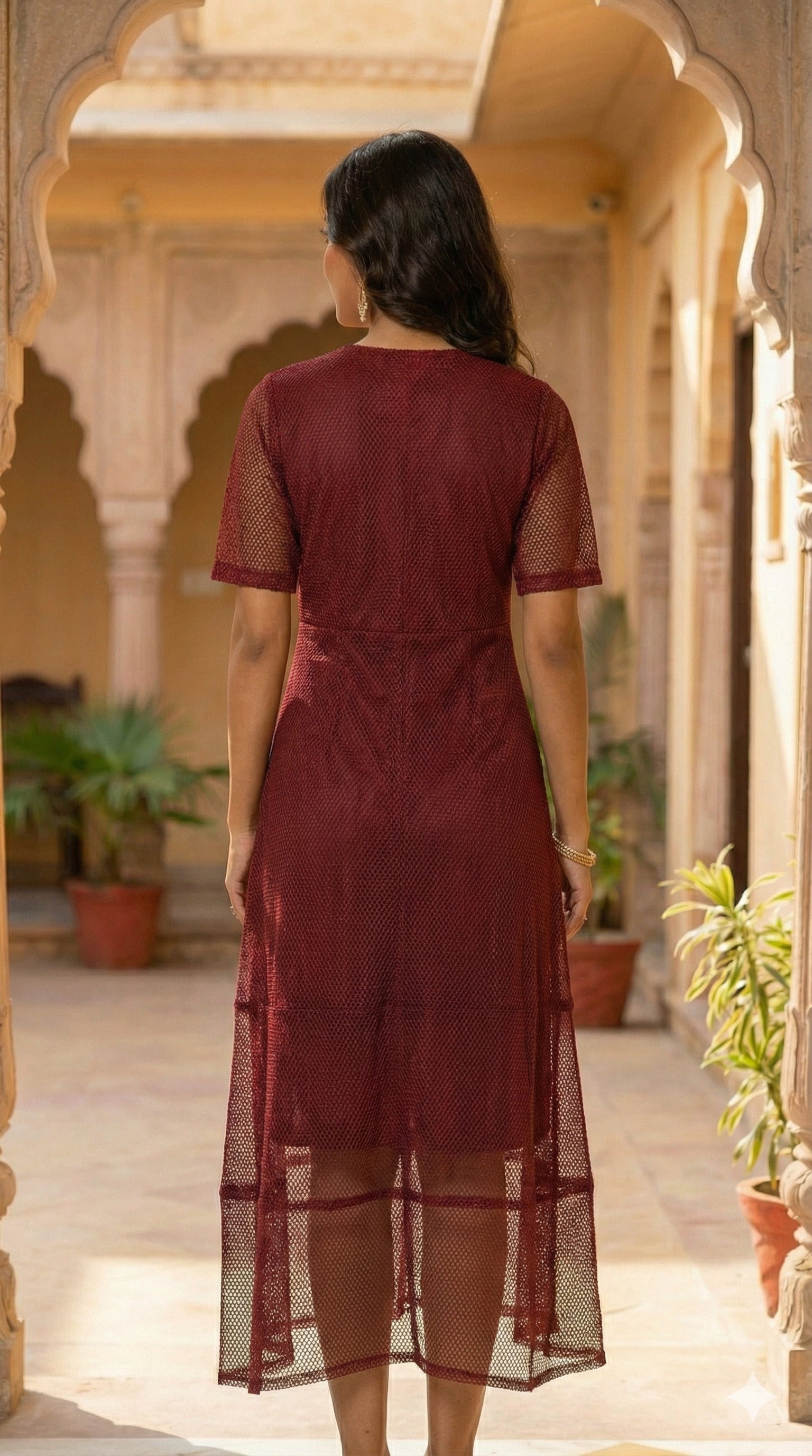 Velora Wine Textured Midi Dress