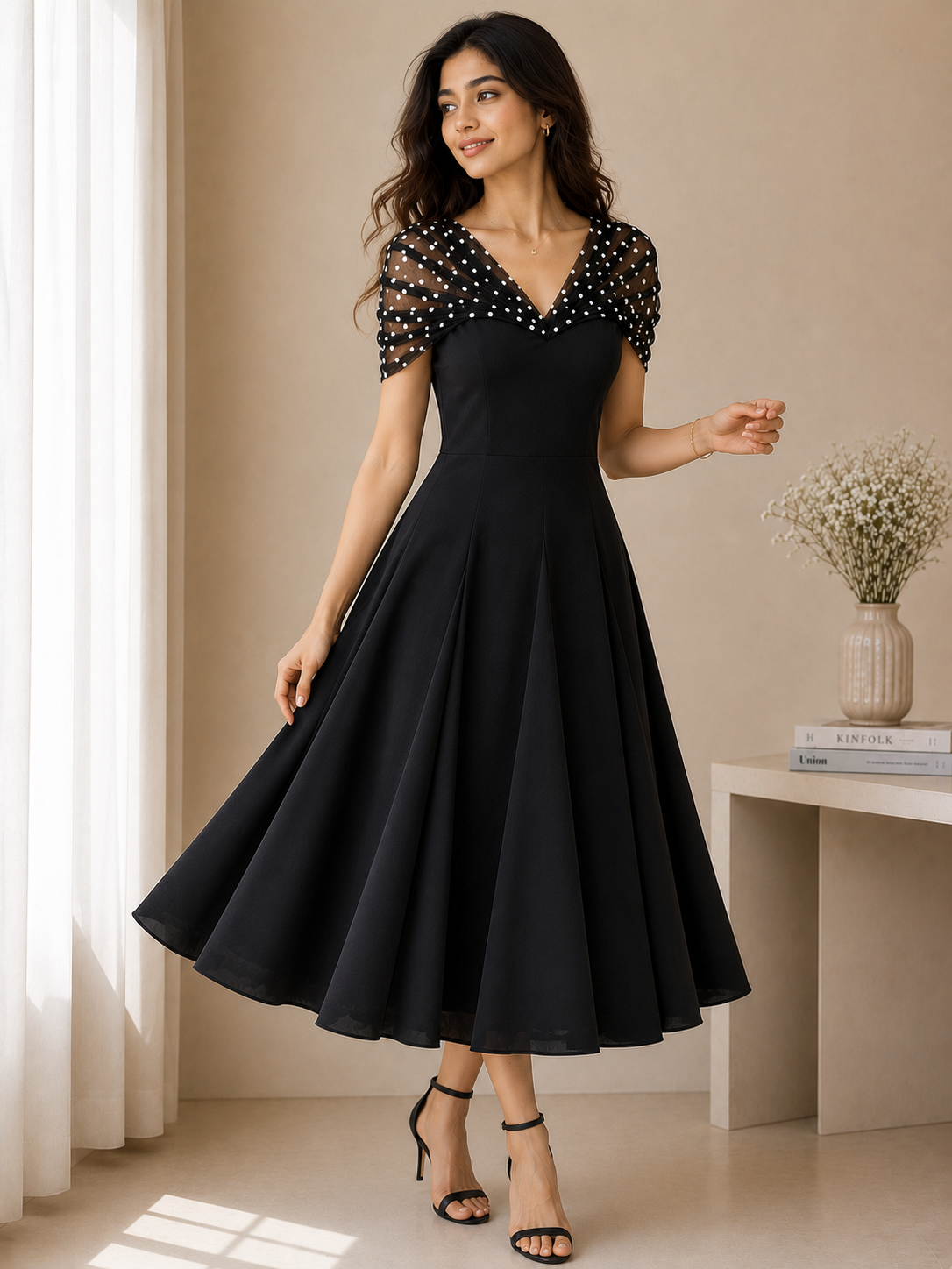 Polka Mesh Midi Dress