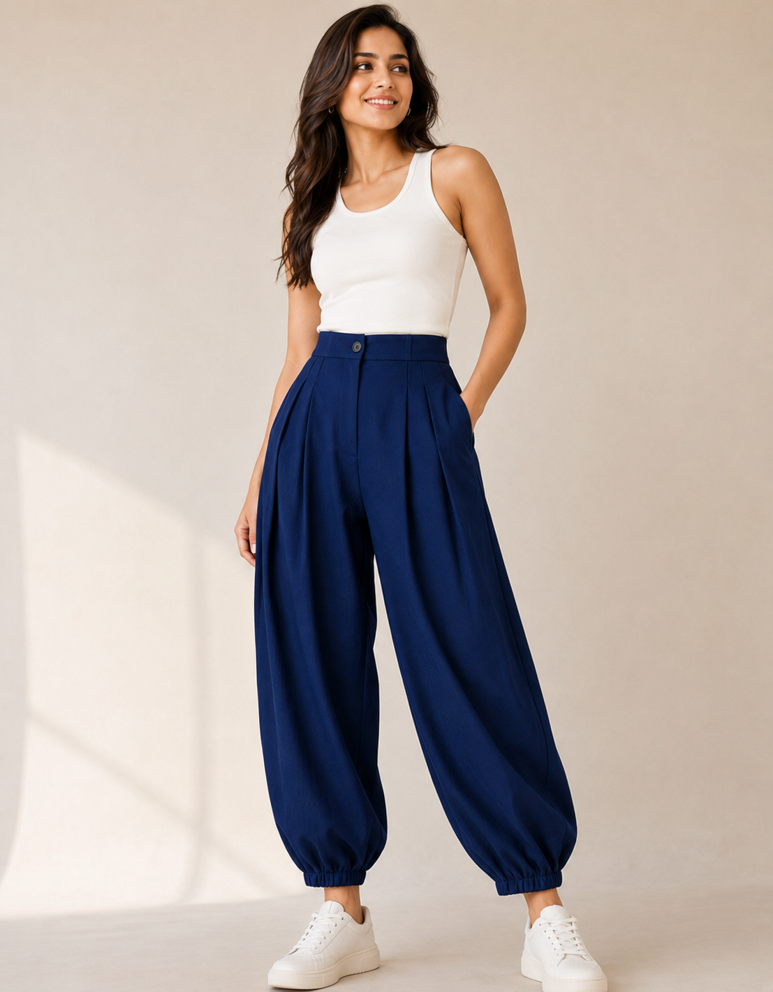 Blue Pleated Balloon Fit Trousers