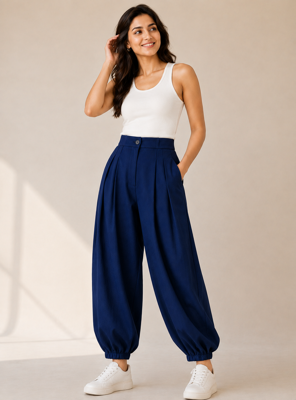 Blue Pleated Balloon Fit Trousers