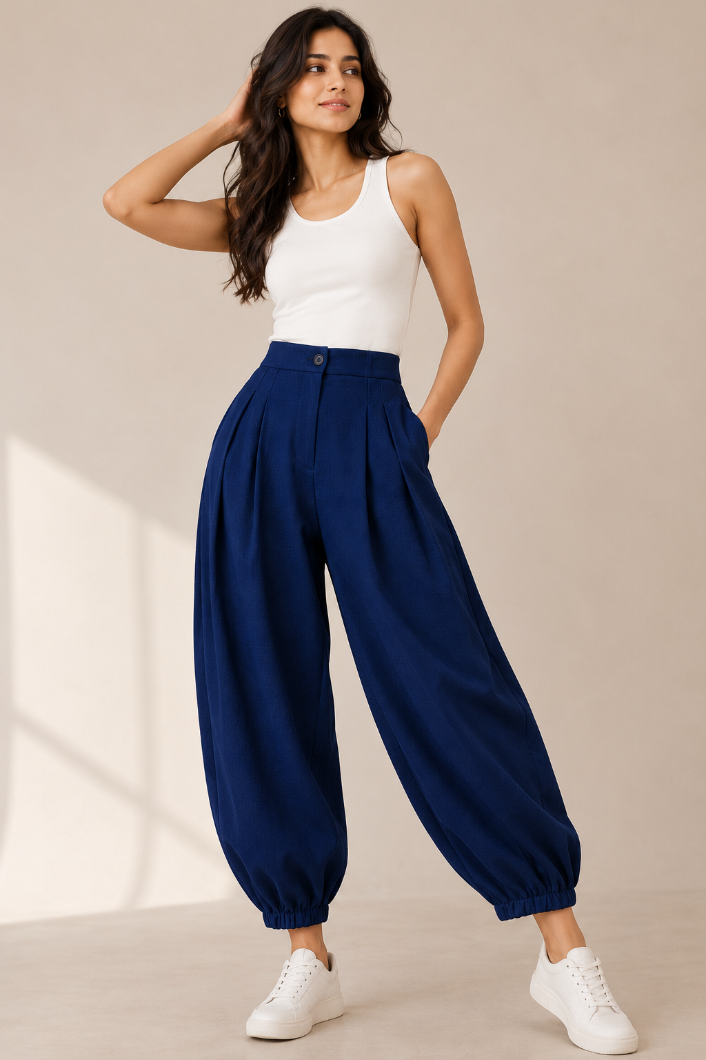 Blue Pleated Balloon Fit Trousers