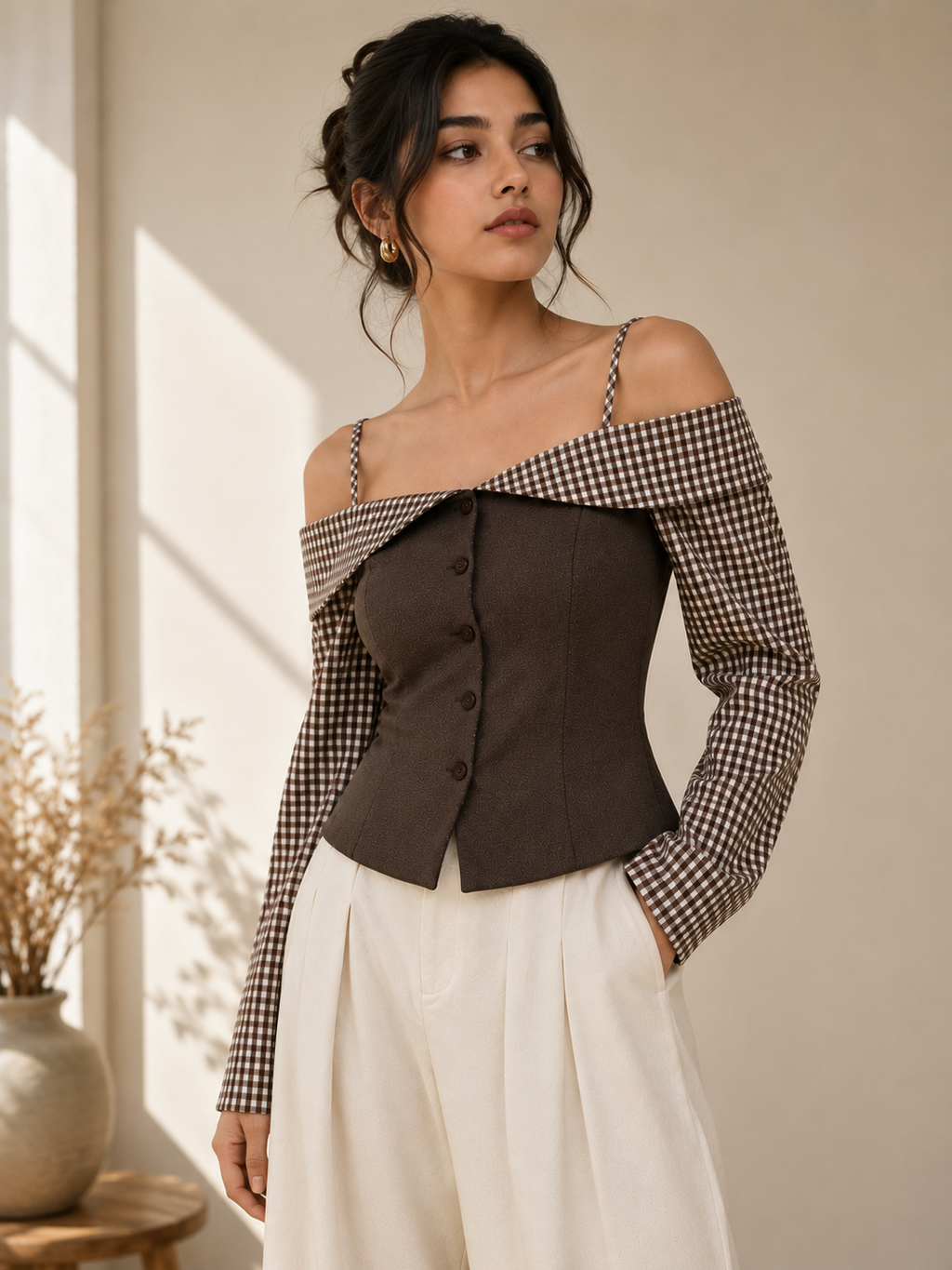 Mocha Gingham Off-Shoulder Corset Top