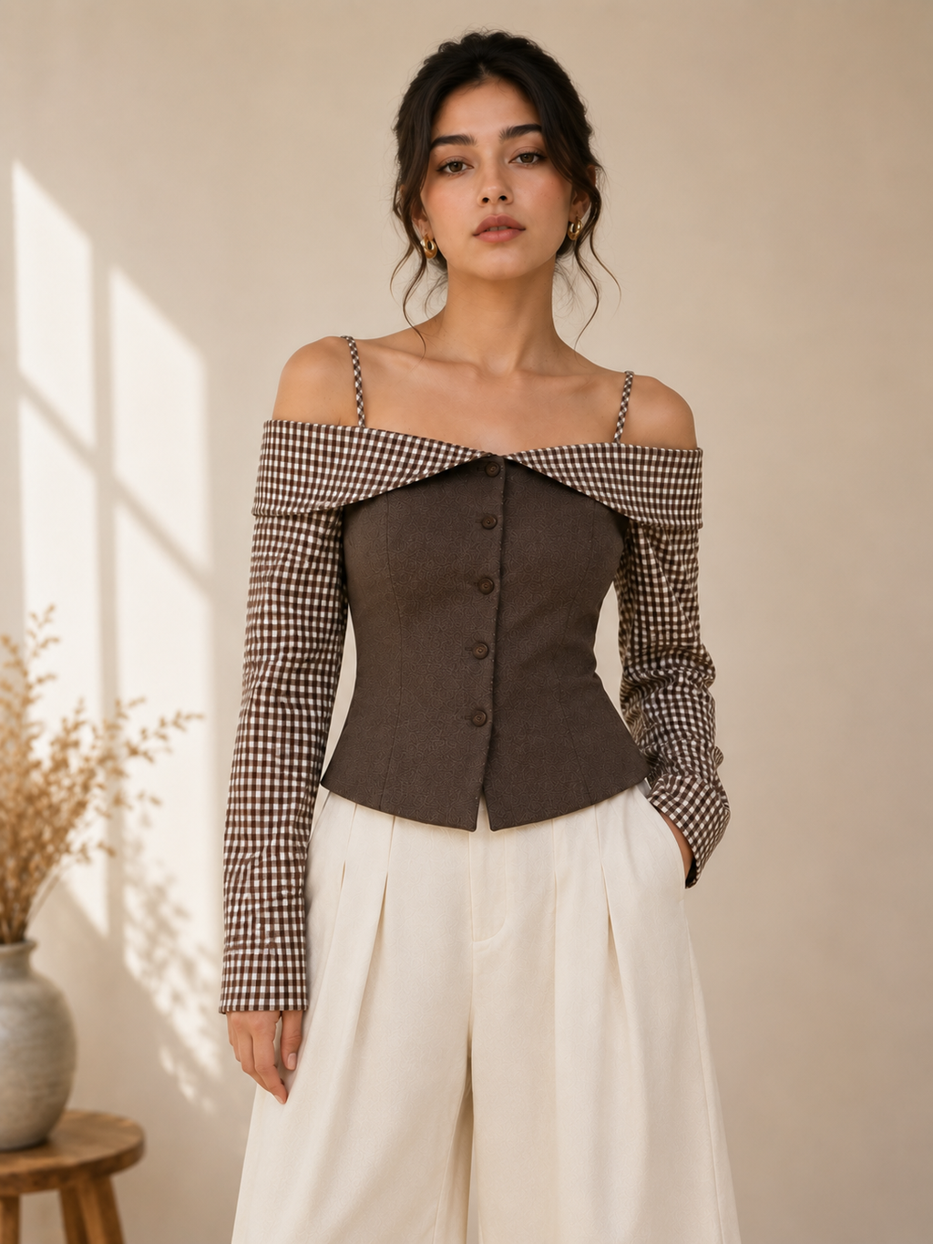 Mocha Gingham Off-Shoulder Corset Top