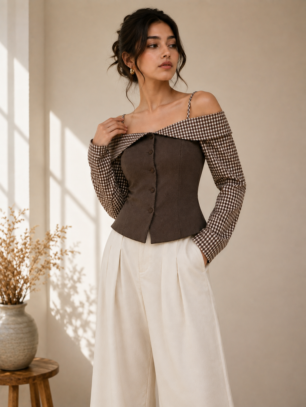 Mocha Gingham Off-Shoulder Corset Top