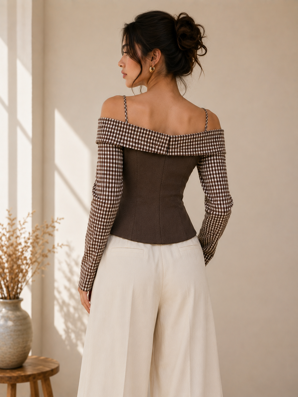 Mocha Gingham Off-Shoulder Corset Top
