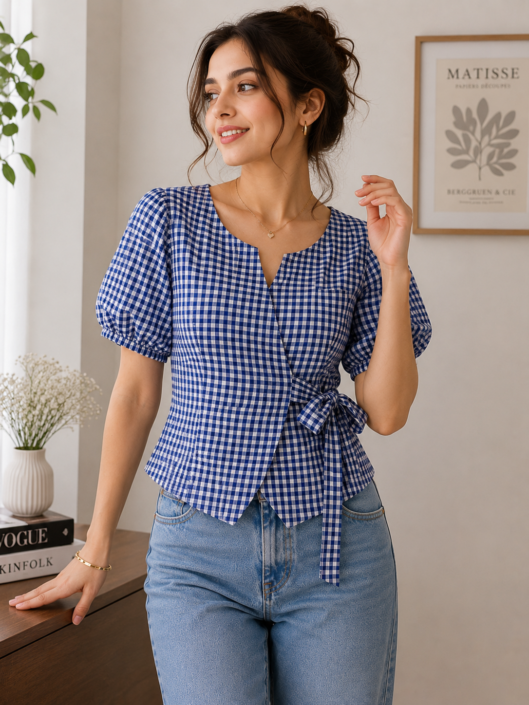 Sapphire Gingham Wrap Top