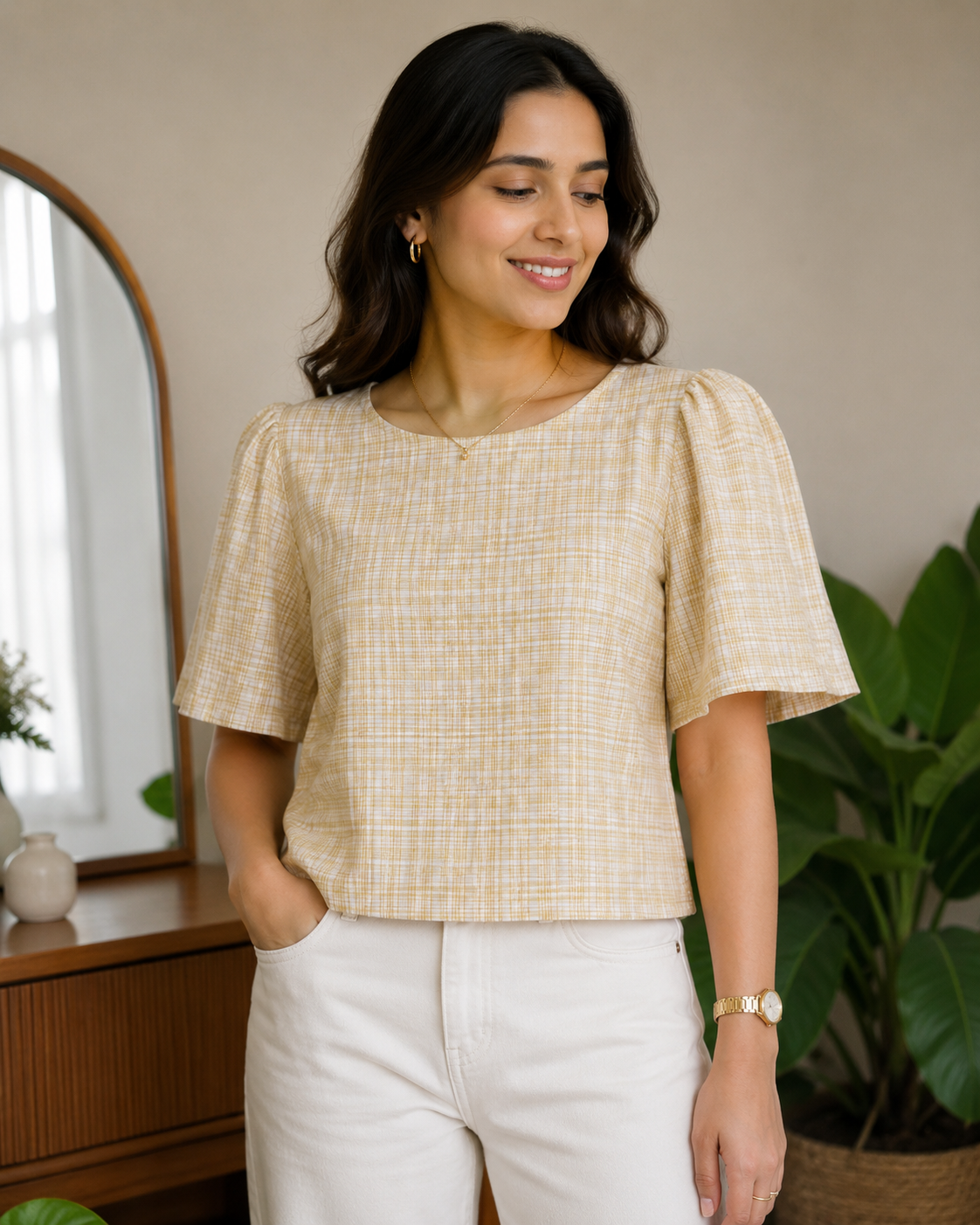 Sandstone Check Flutter Top