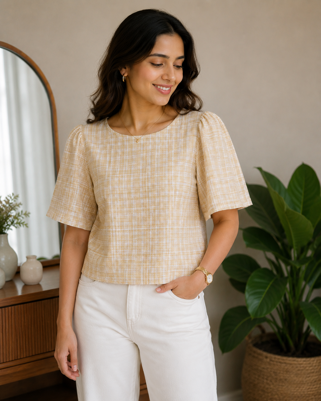 Sandstone Check Flutter Top
