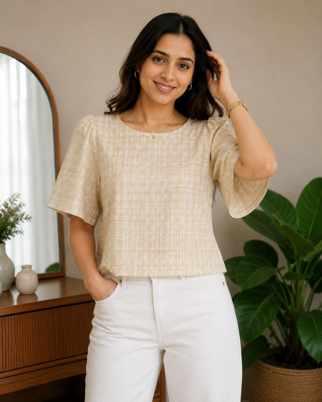 Sandstone Check Flutter Top