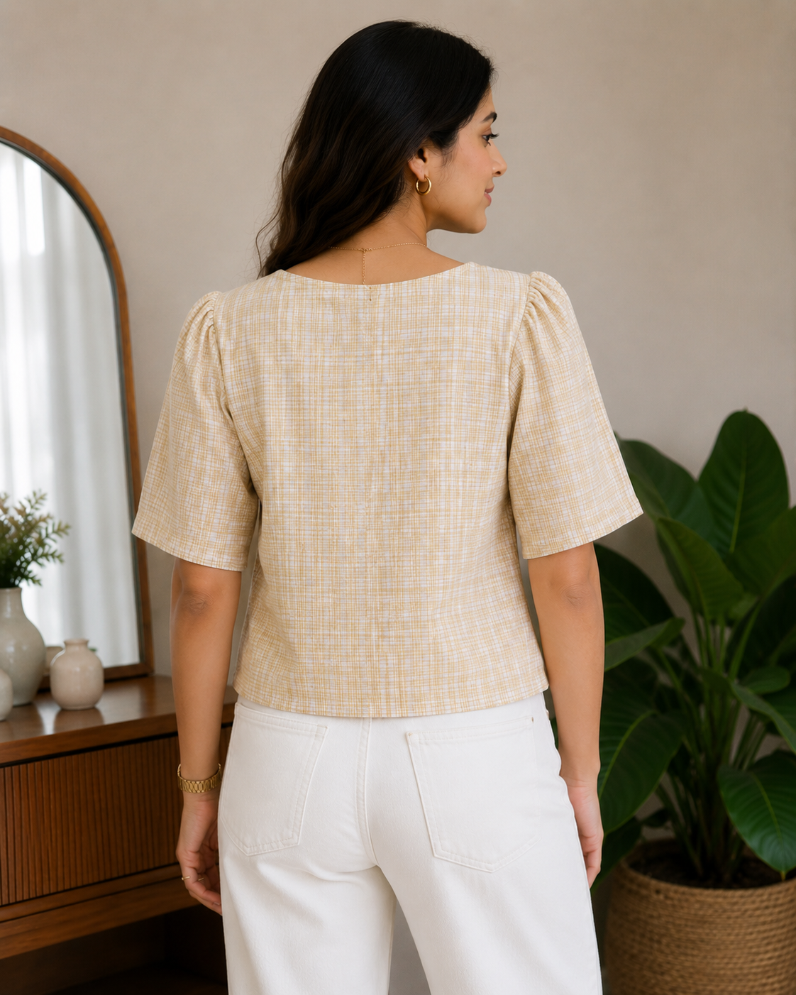 Sandstone Check Flutter Top