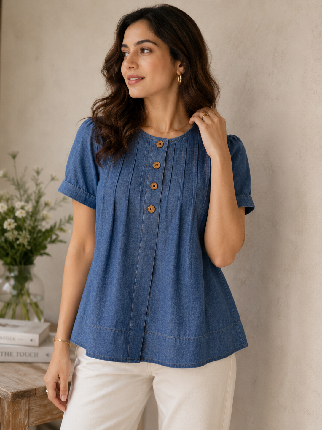 Denim Breeze Pleated Top