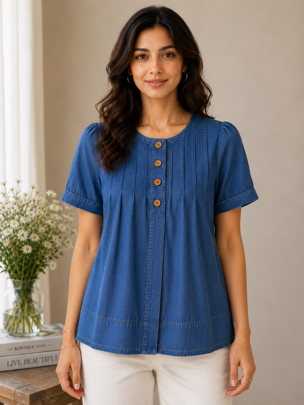 Denim Breeze Pleated Top