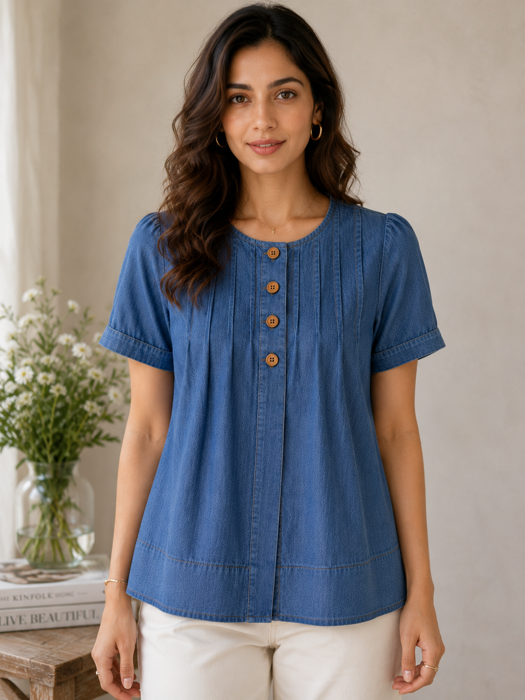 Denim Breeze Pleated Top