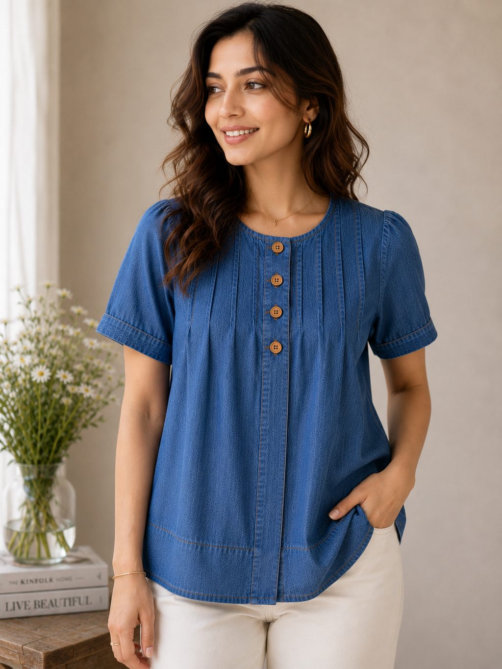 Denim Breeze Pleated Top
