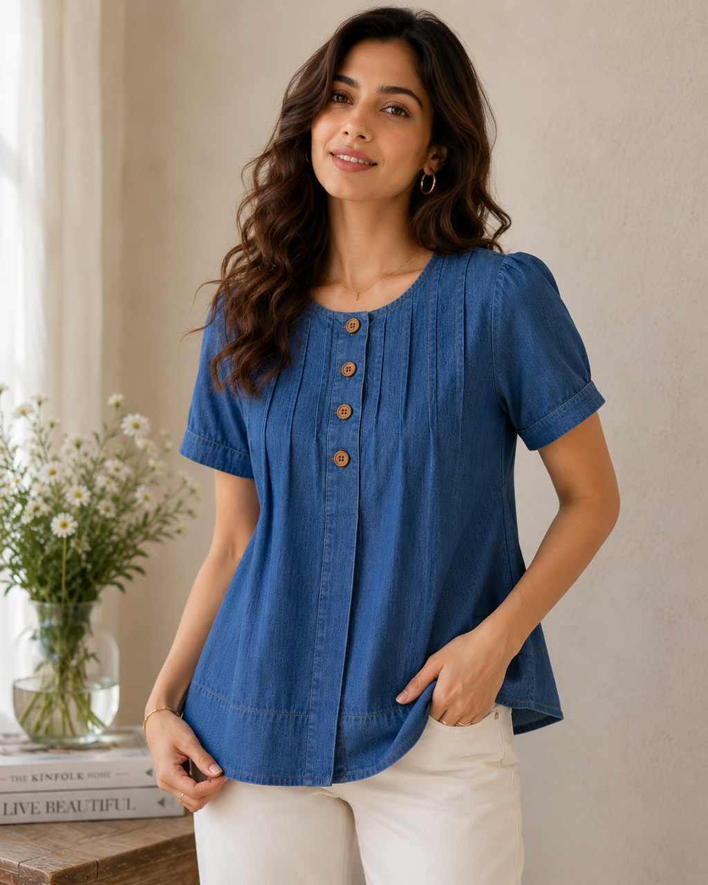 Denim Breeze Pleated Top
