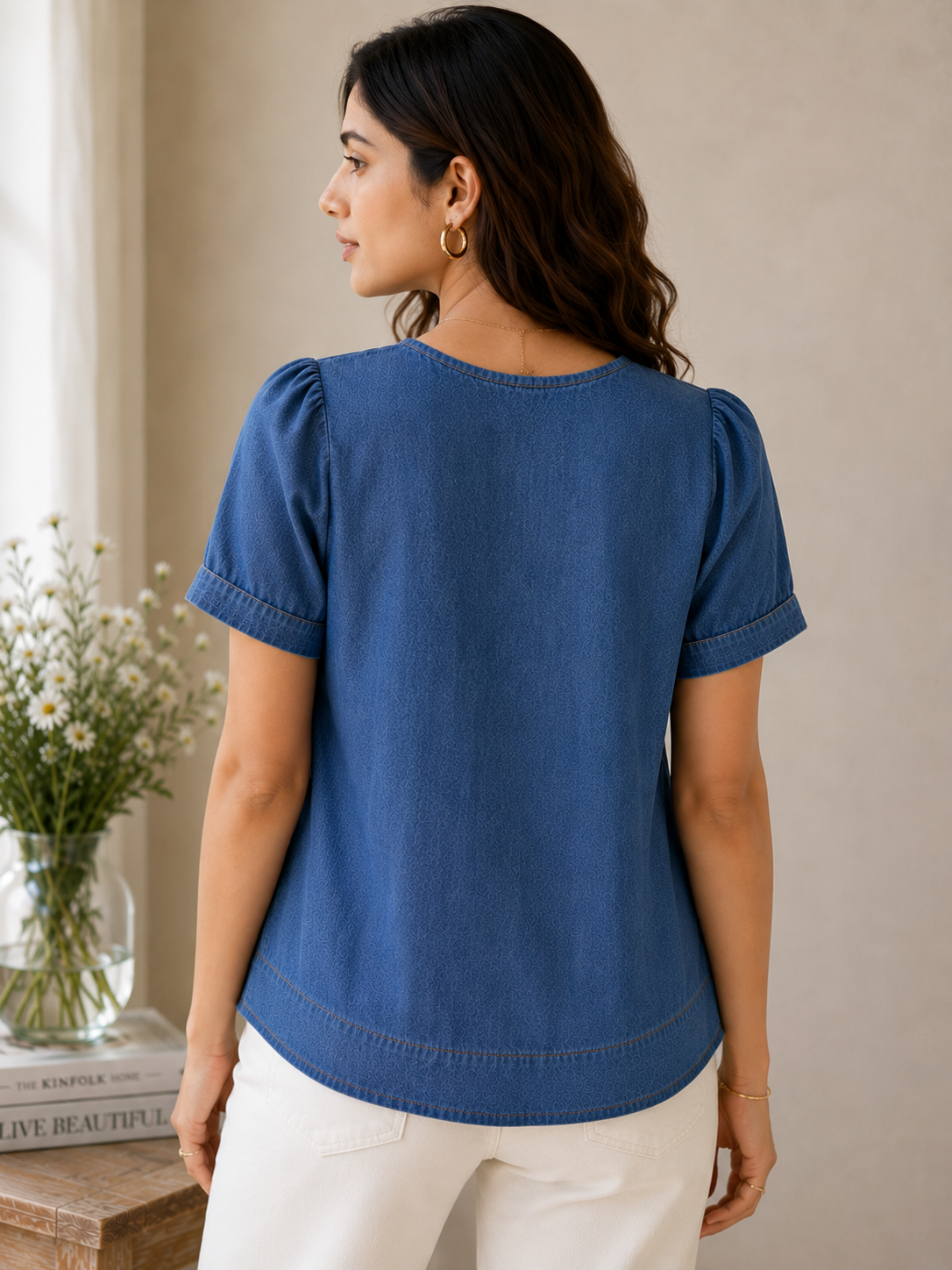 Denim Breeze Pleated Top