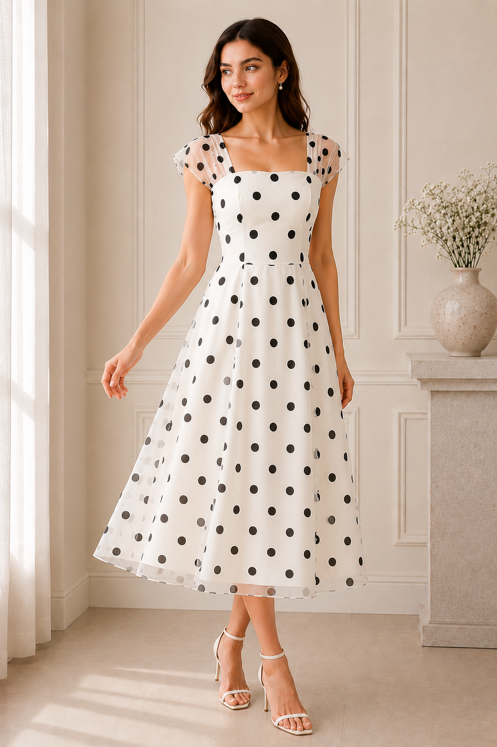 Monroe Mesh Polka Midi Dress