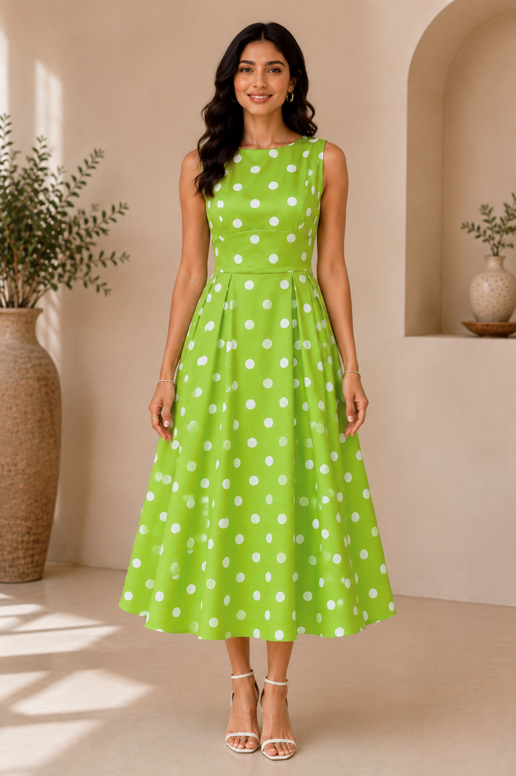 Lime Dot Elegance Midi Dress