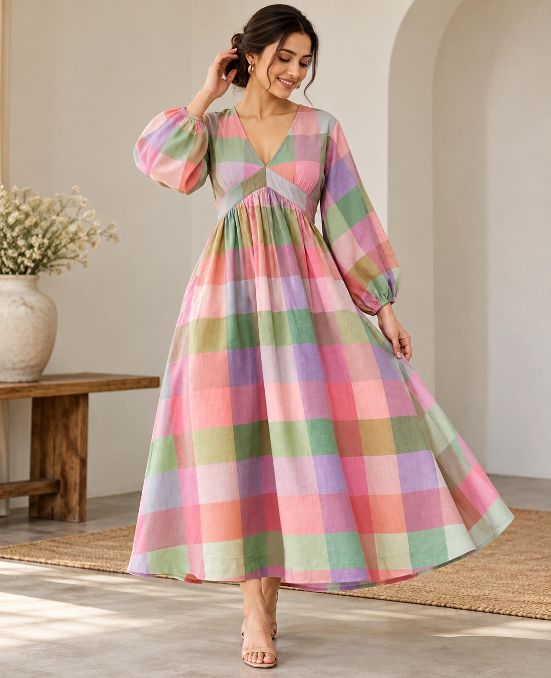 Pastel Checkered Maxi Dress