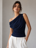 Navy Drape One-Shoulder Top