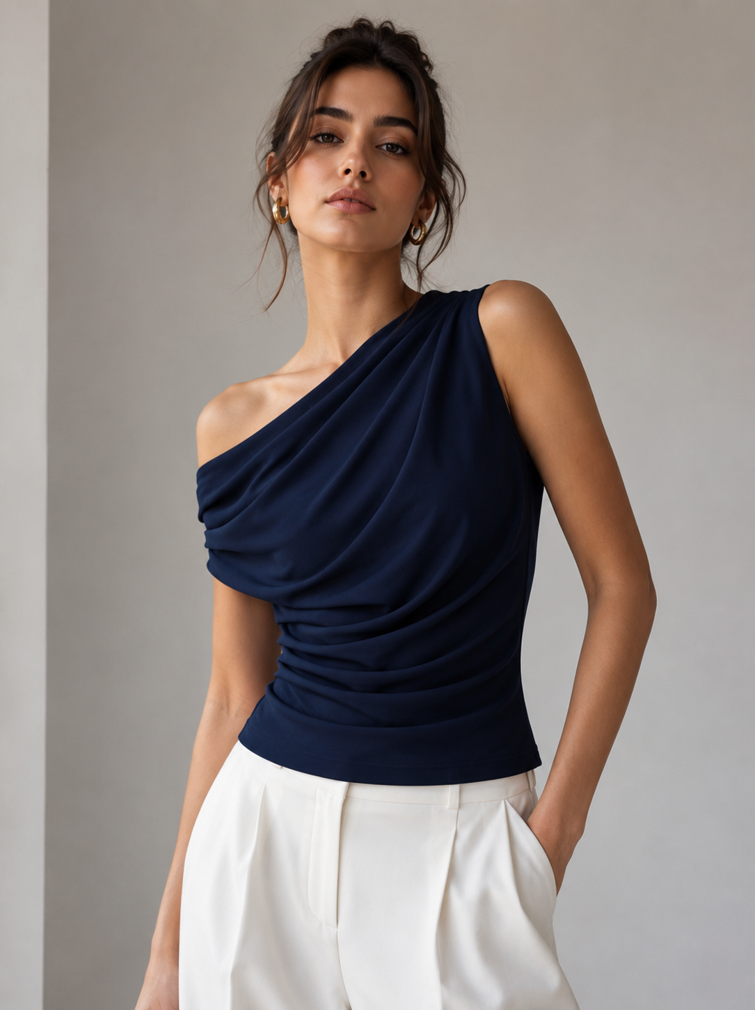 Navy Drape One-Shoulder Top