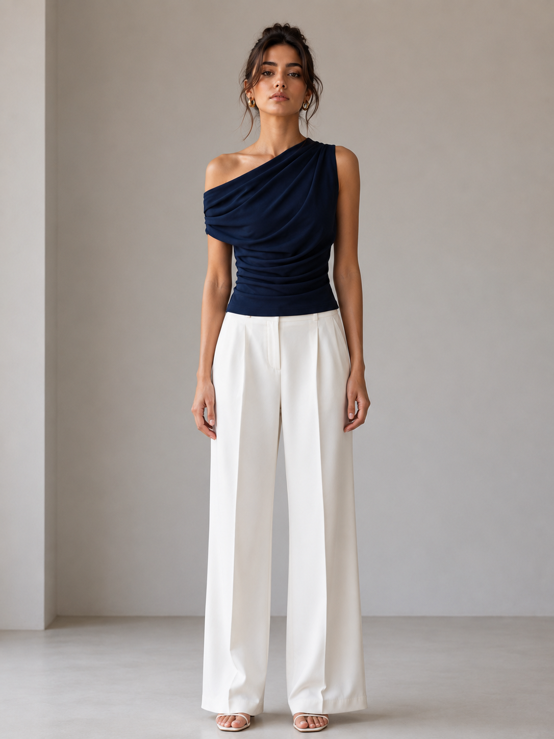 Navy Drape One-Shoulder Top