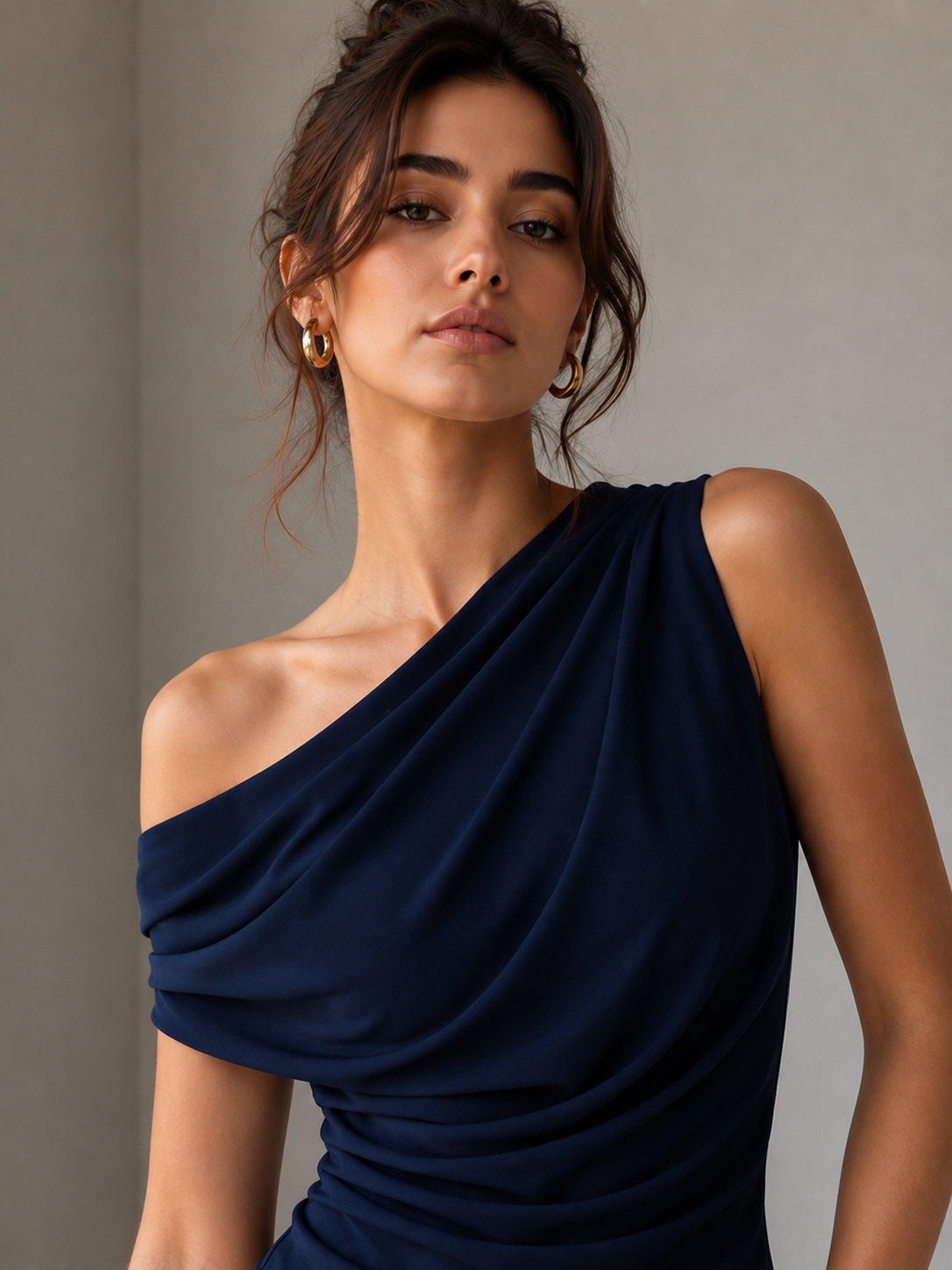 Navy Drape One-Shoulder Top