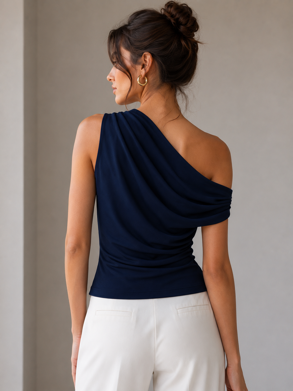 Navy Drape One-Shoulder Top