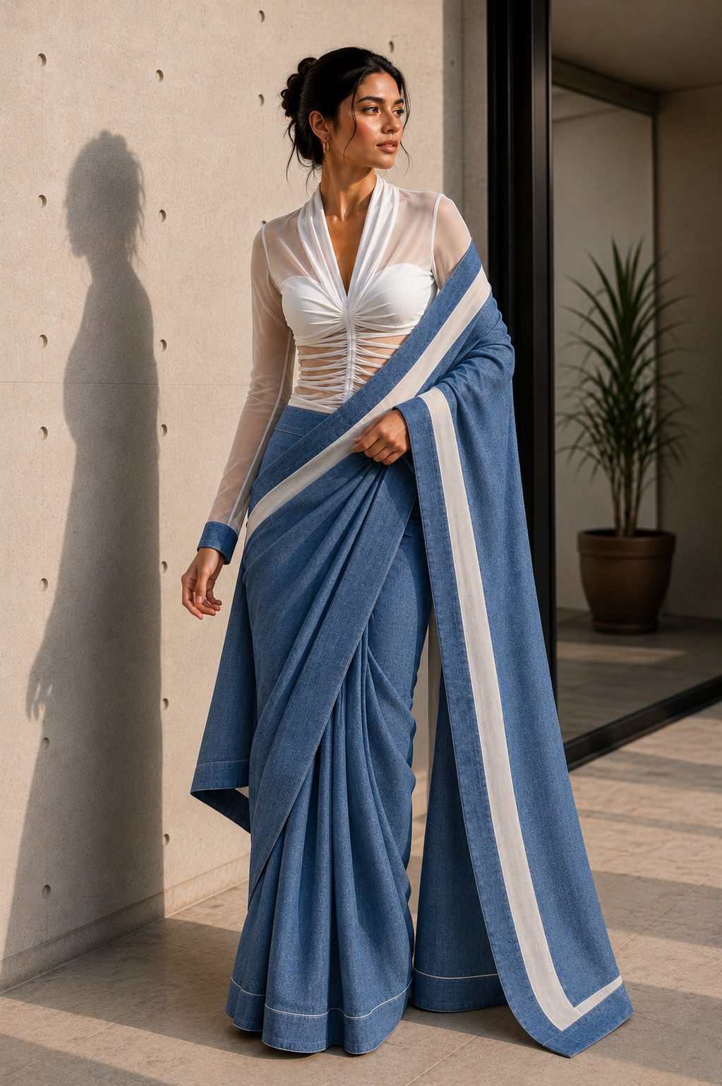 Blue Denim Saree with White Border