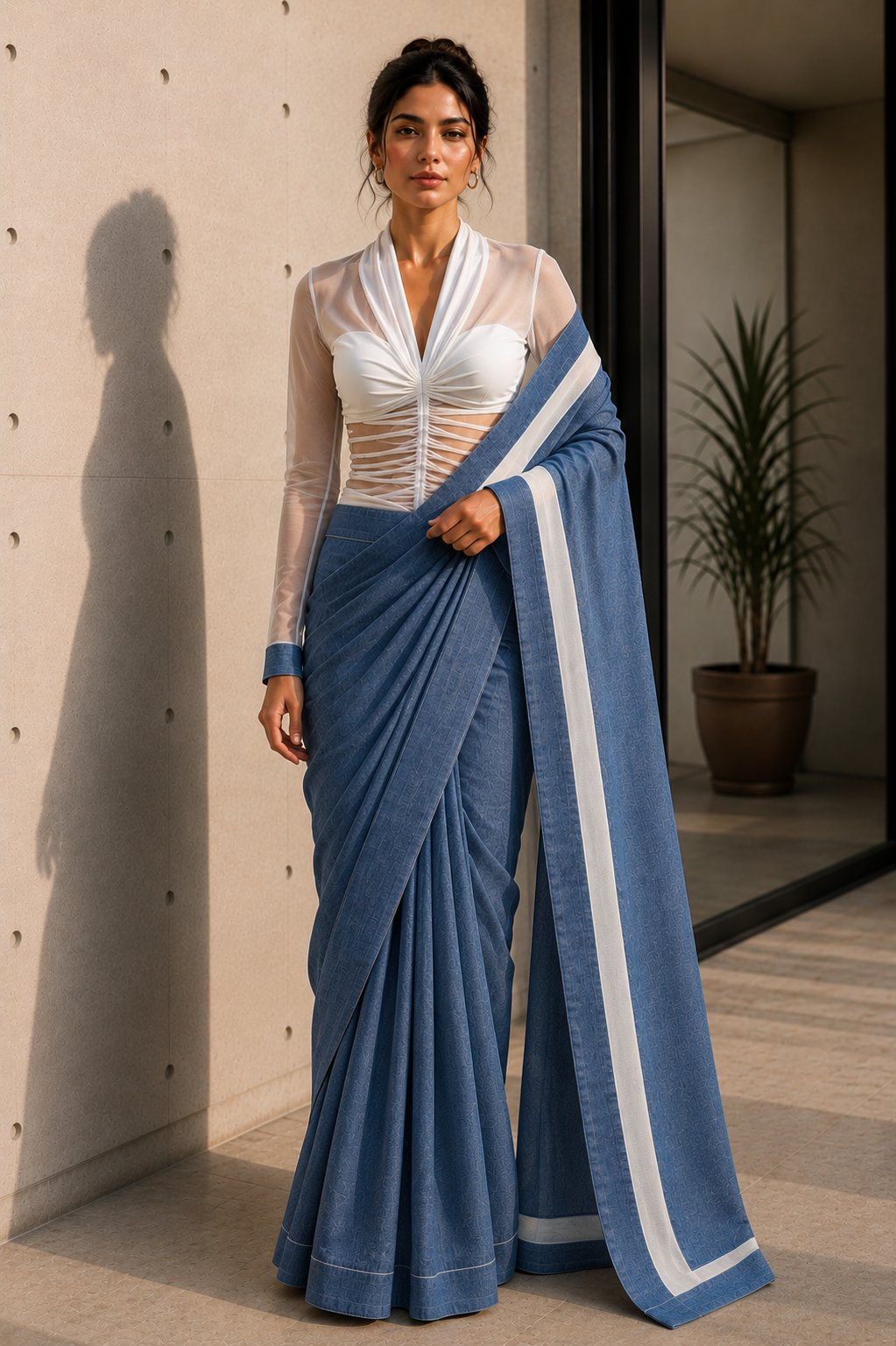 Blue Denim Saree with White Border