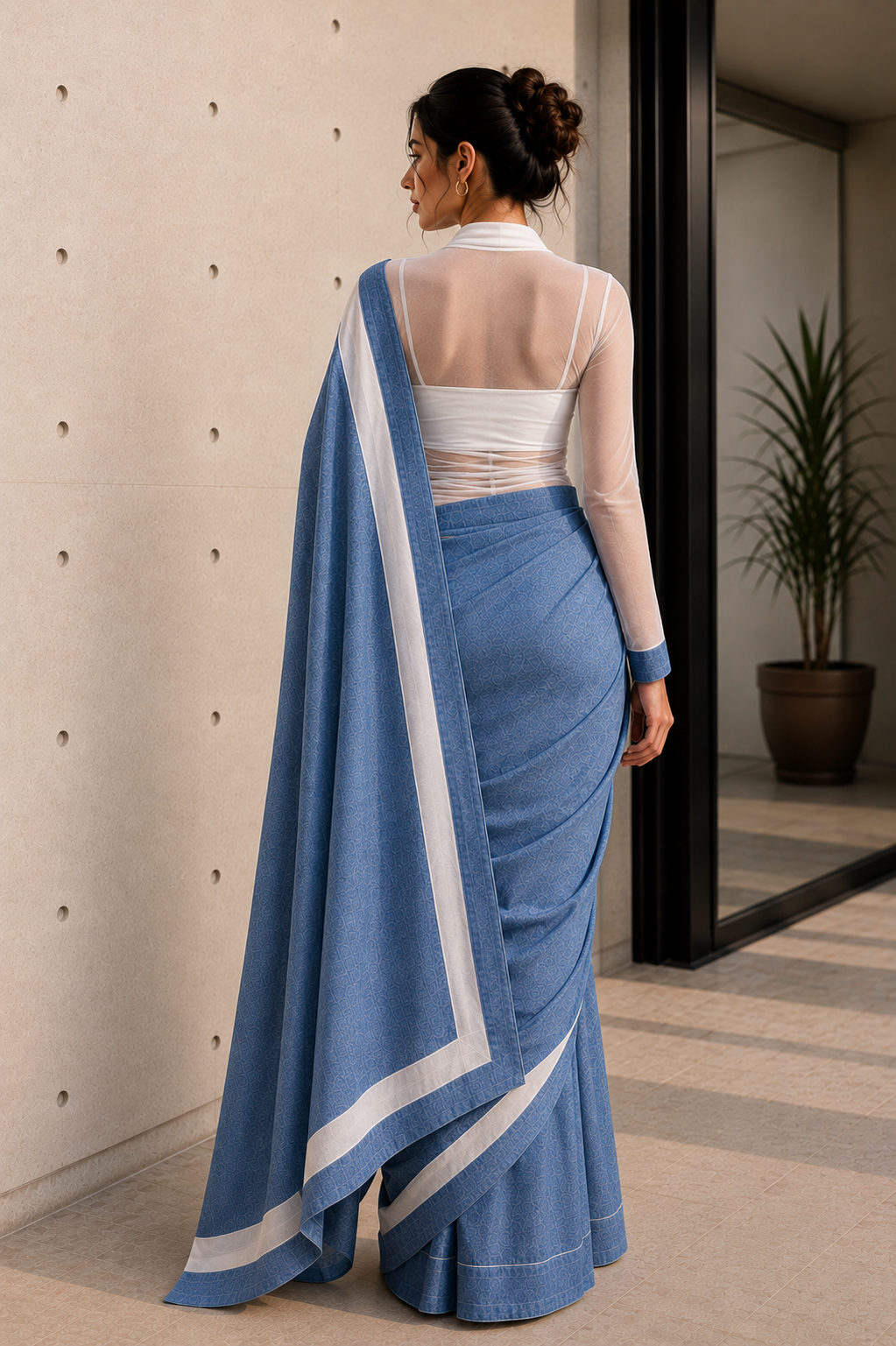 Blue Denim Saree with White Border