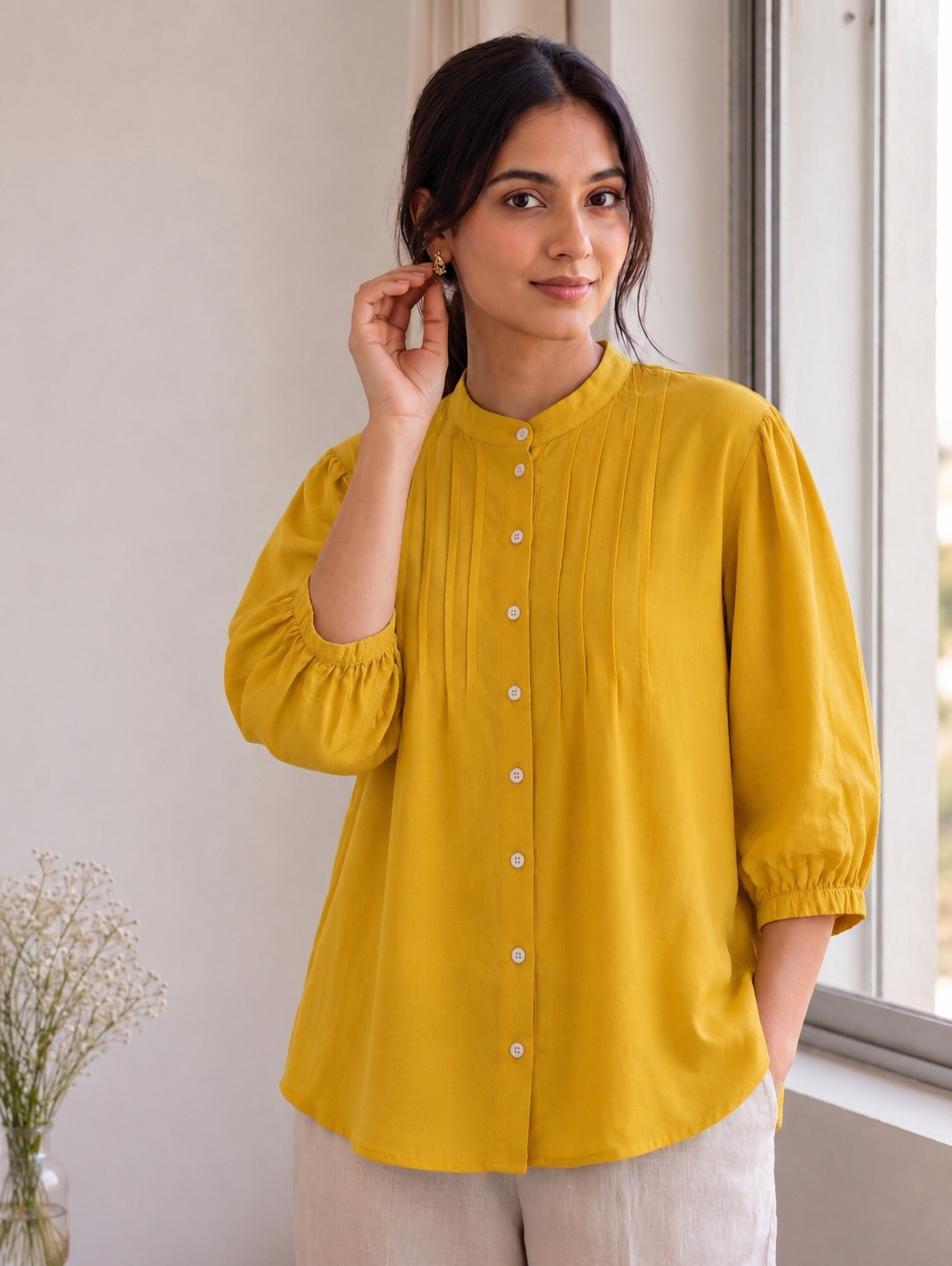 Mustard Grace Pintuck Top