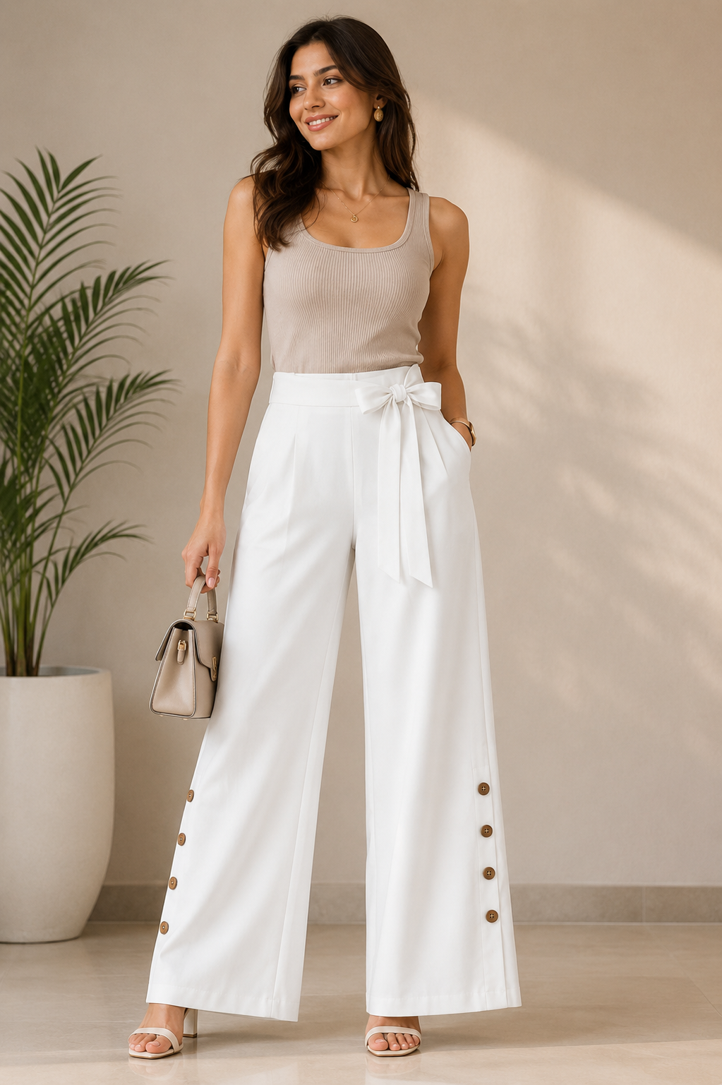 Ivory Grace Bow Waist Wide-Leg Pants
