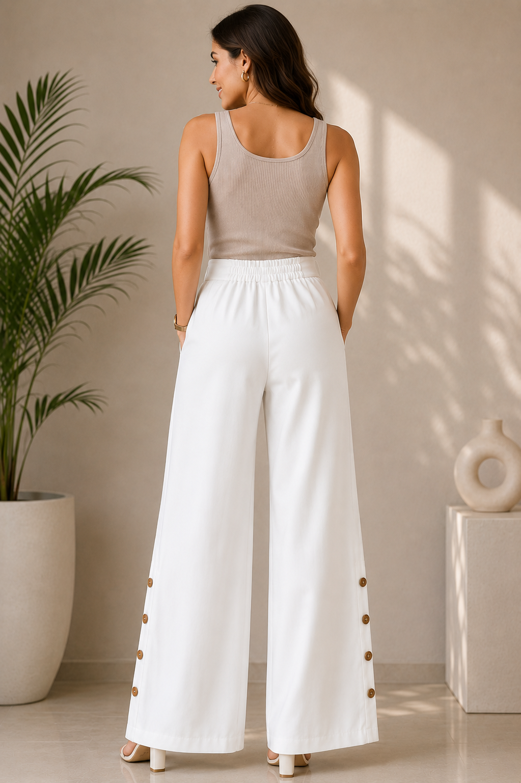 Ivory Grace Bow Waist Wide-Leg Pants