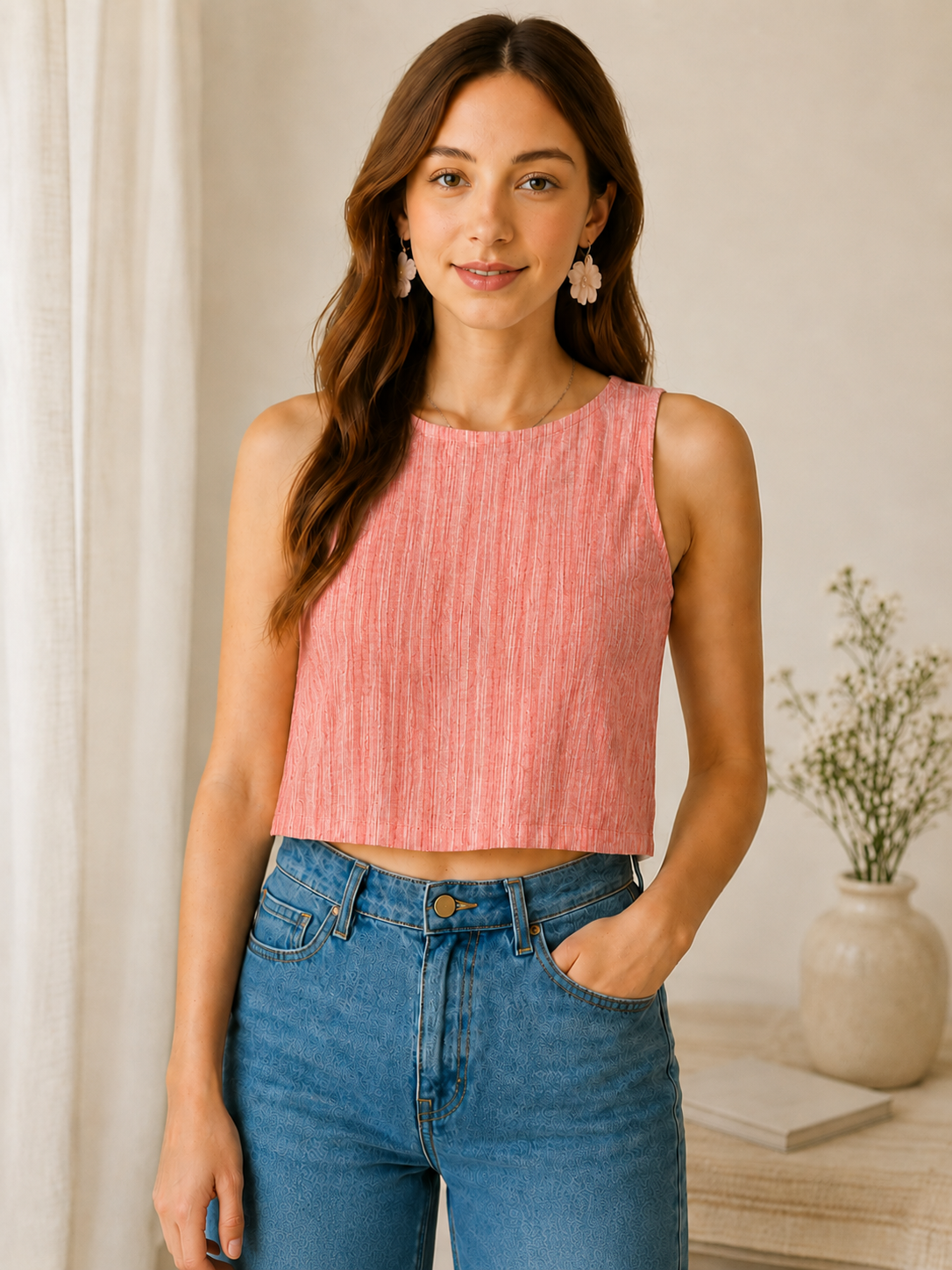 Coral Breeze Textured Crop Top