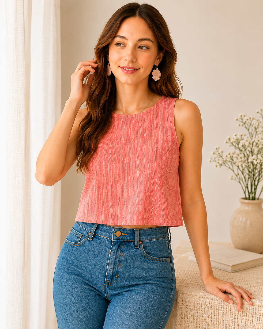 Coral Breeze Textured Crop Top