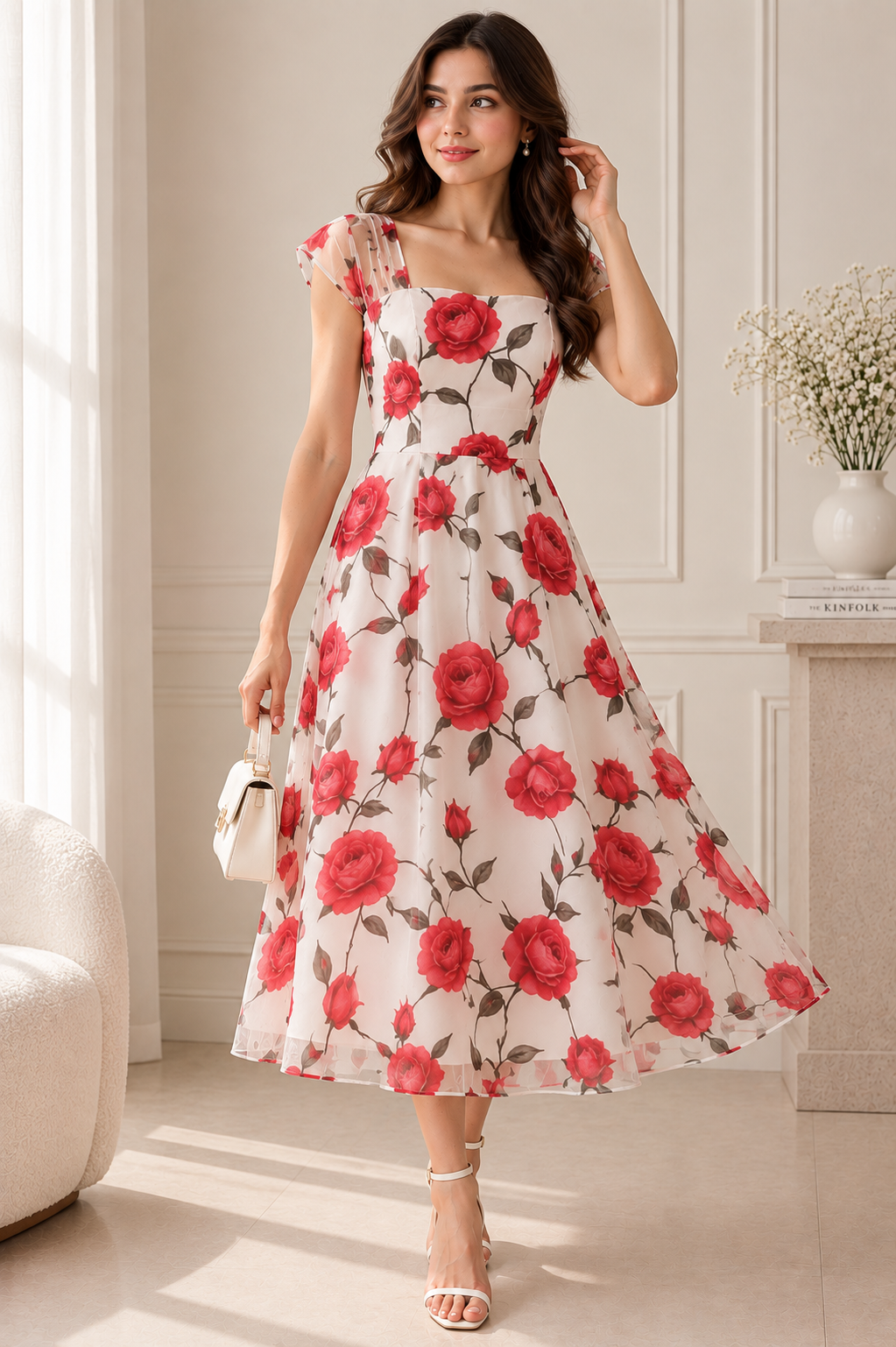 Rosé Bloom mesh Midi Dress