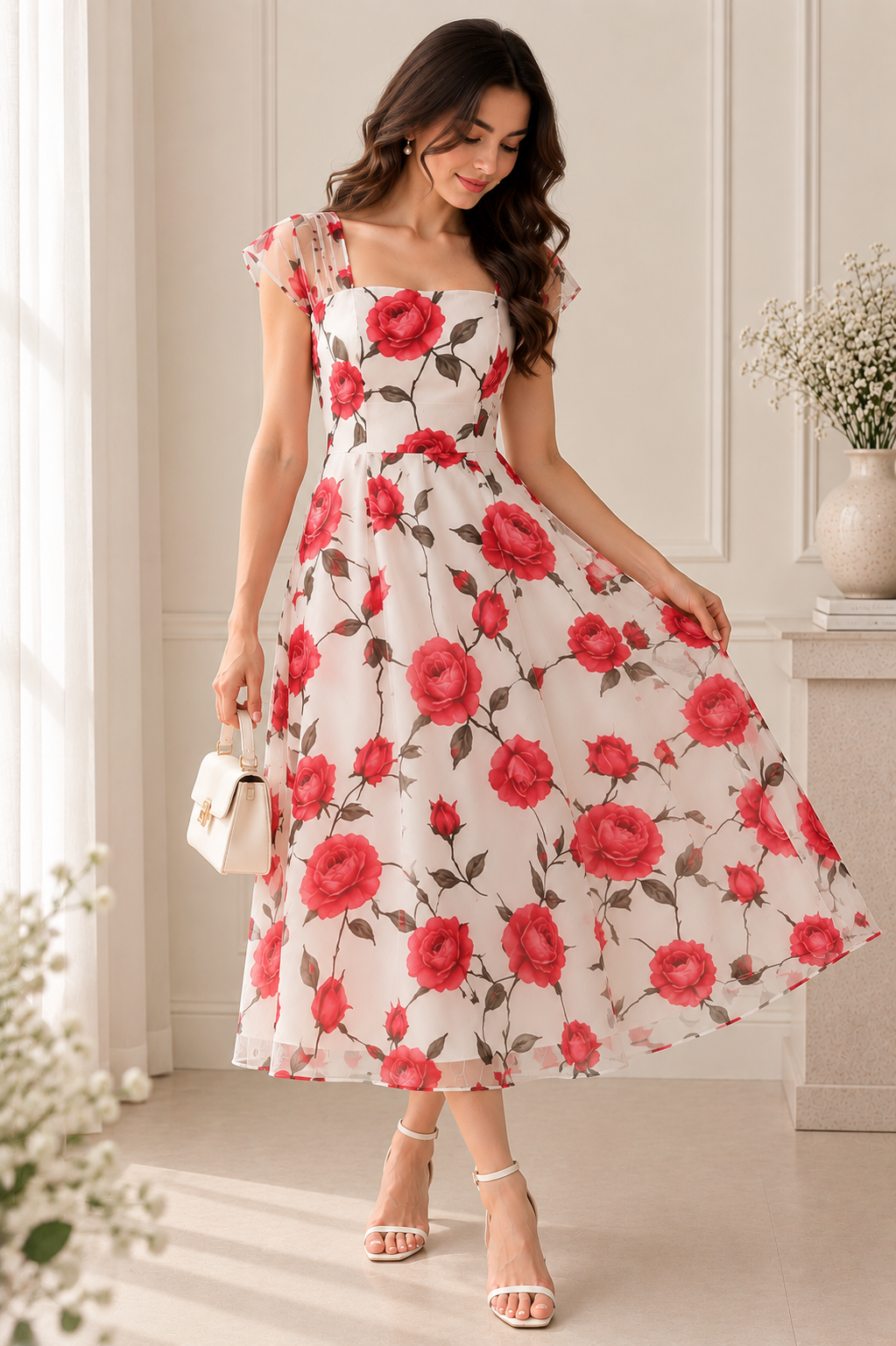 Rosé Bloom mesh Midi Dress