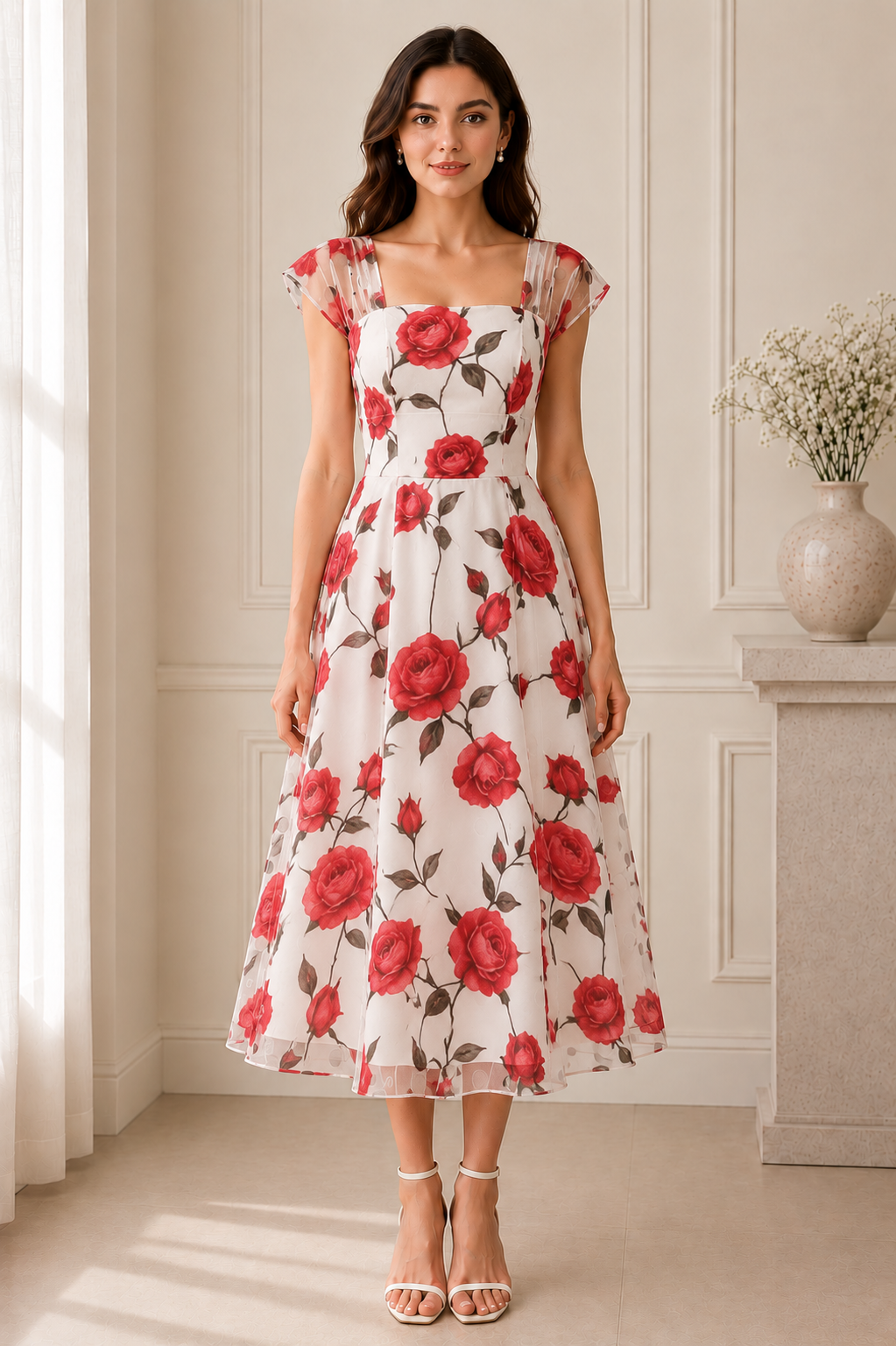 Rosé Bloom mesh Midi Dress
