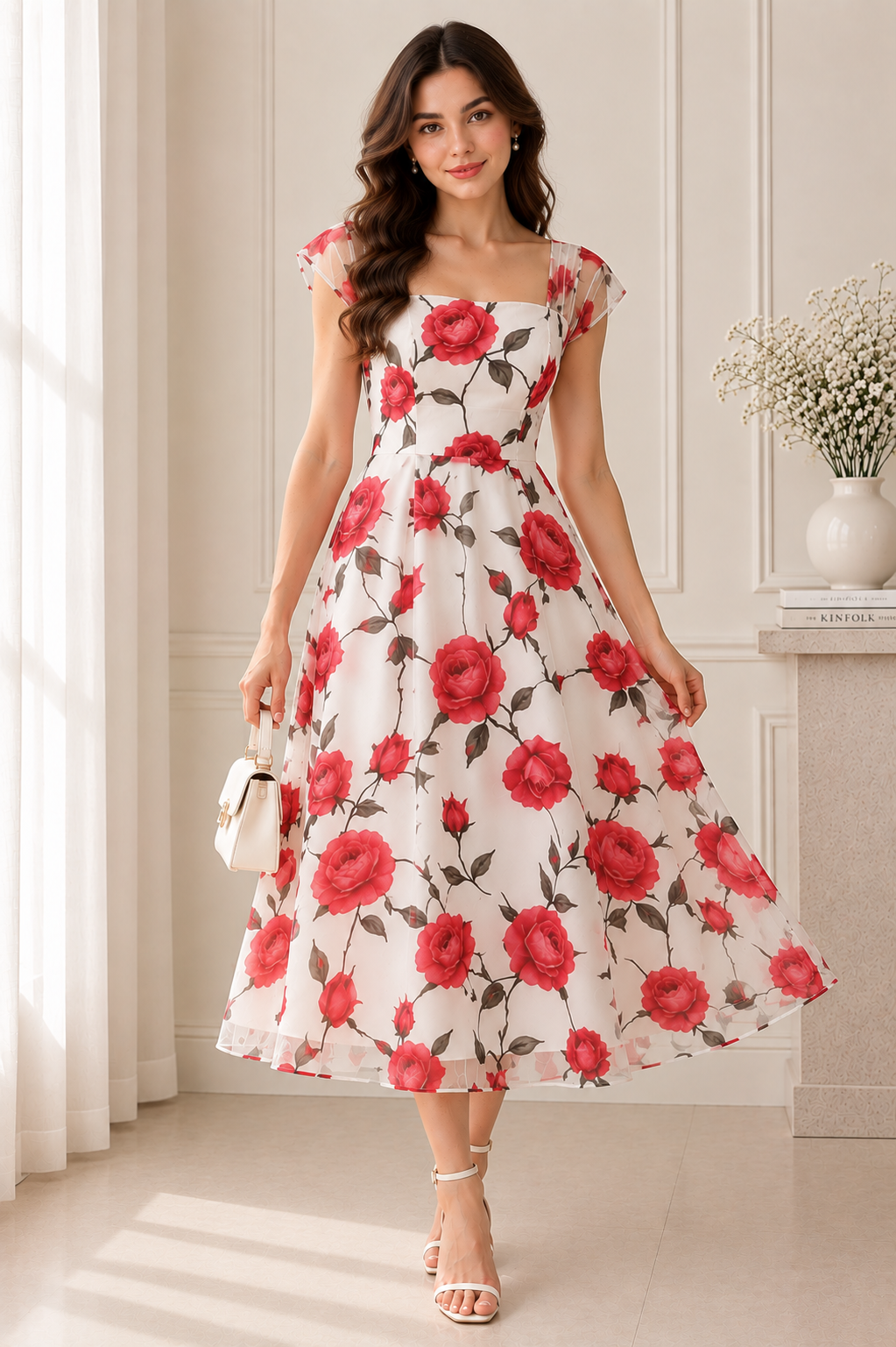 Rosé Bloom mesh Midi Dress