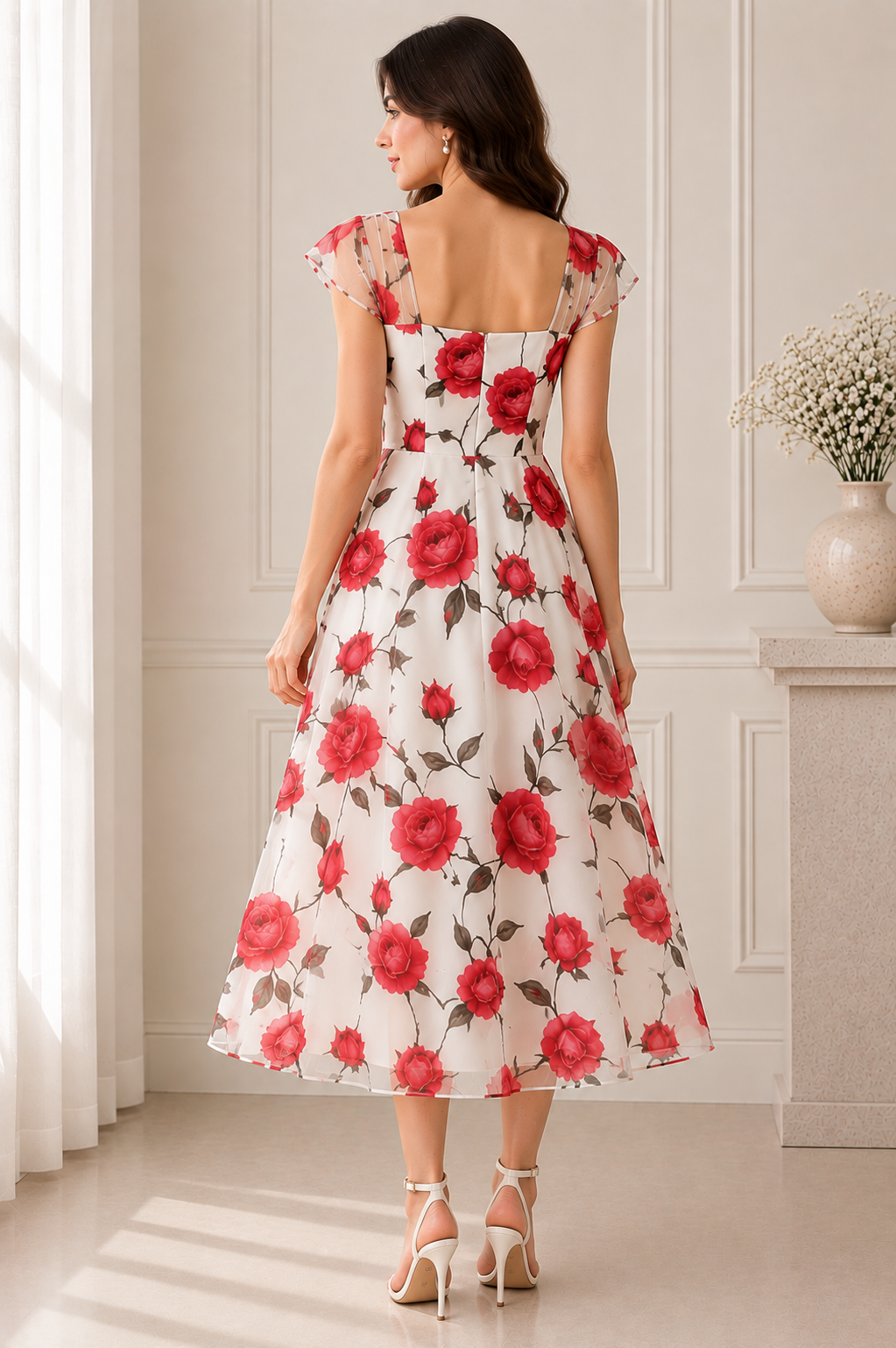 Rosé Bloom mesh Midi Dress