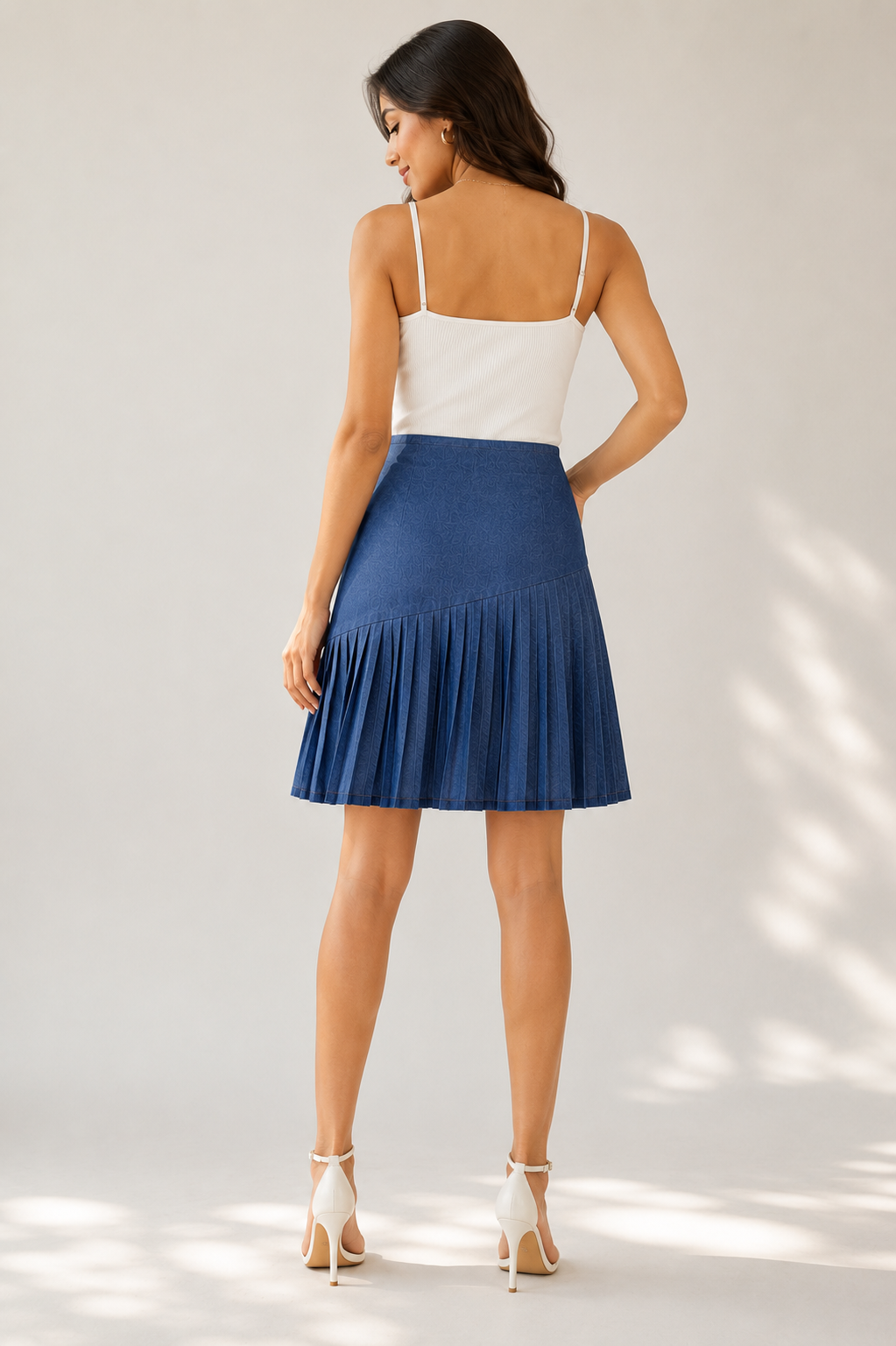 Denim Cascade Pleated Mini Skirt