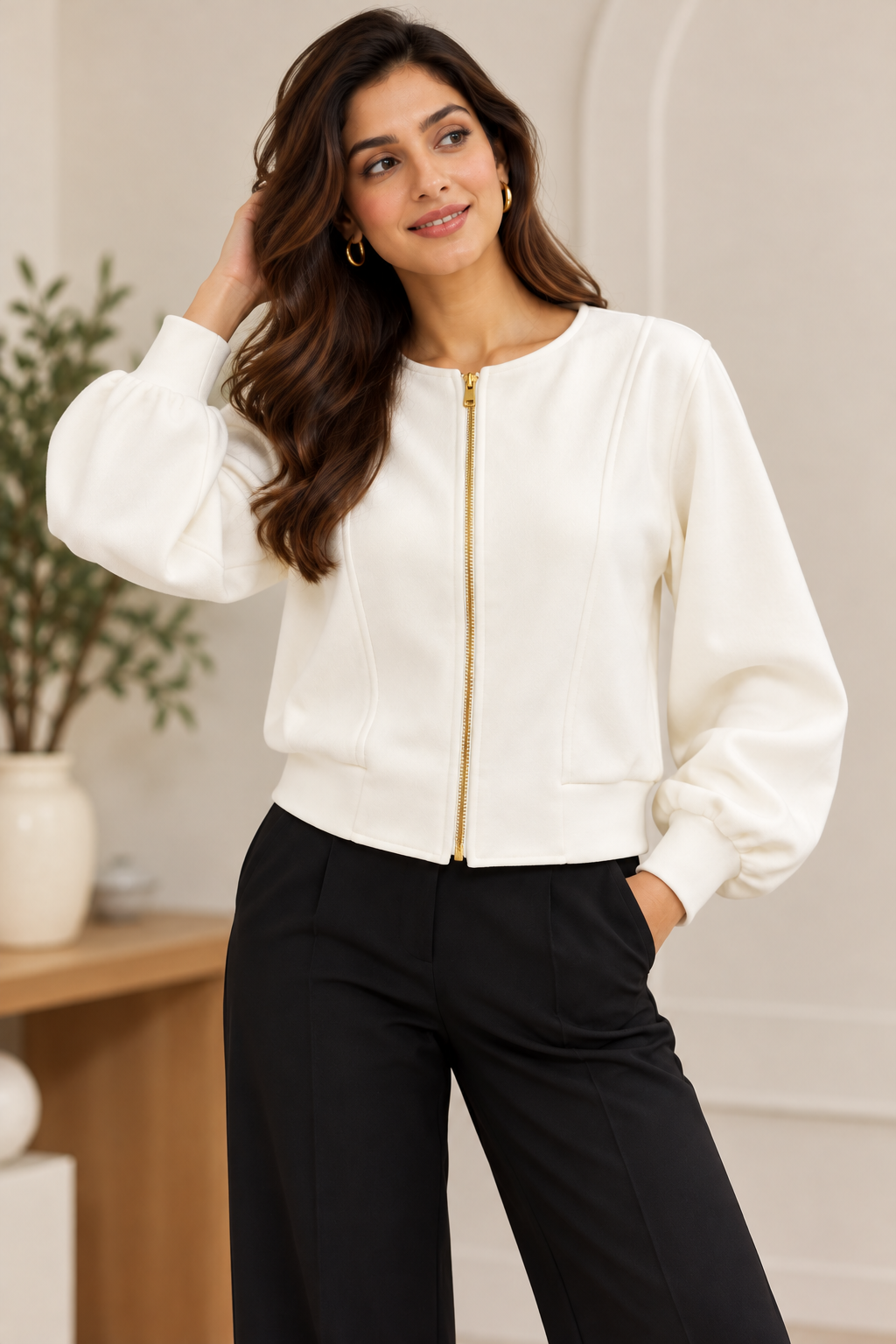 Ivory Luxe Gold-Zip Jacket