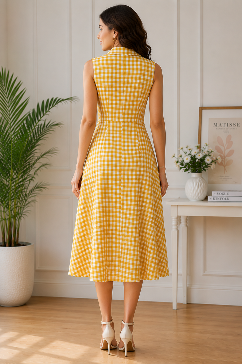 Golden Meadow Gingham Midi Dress