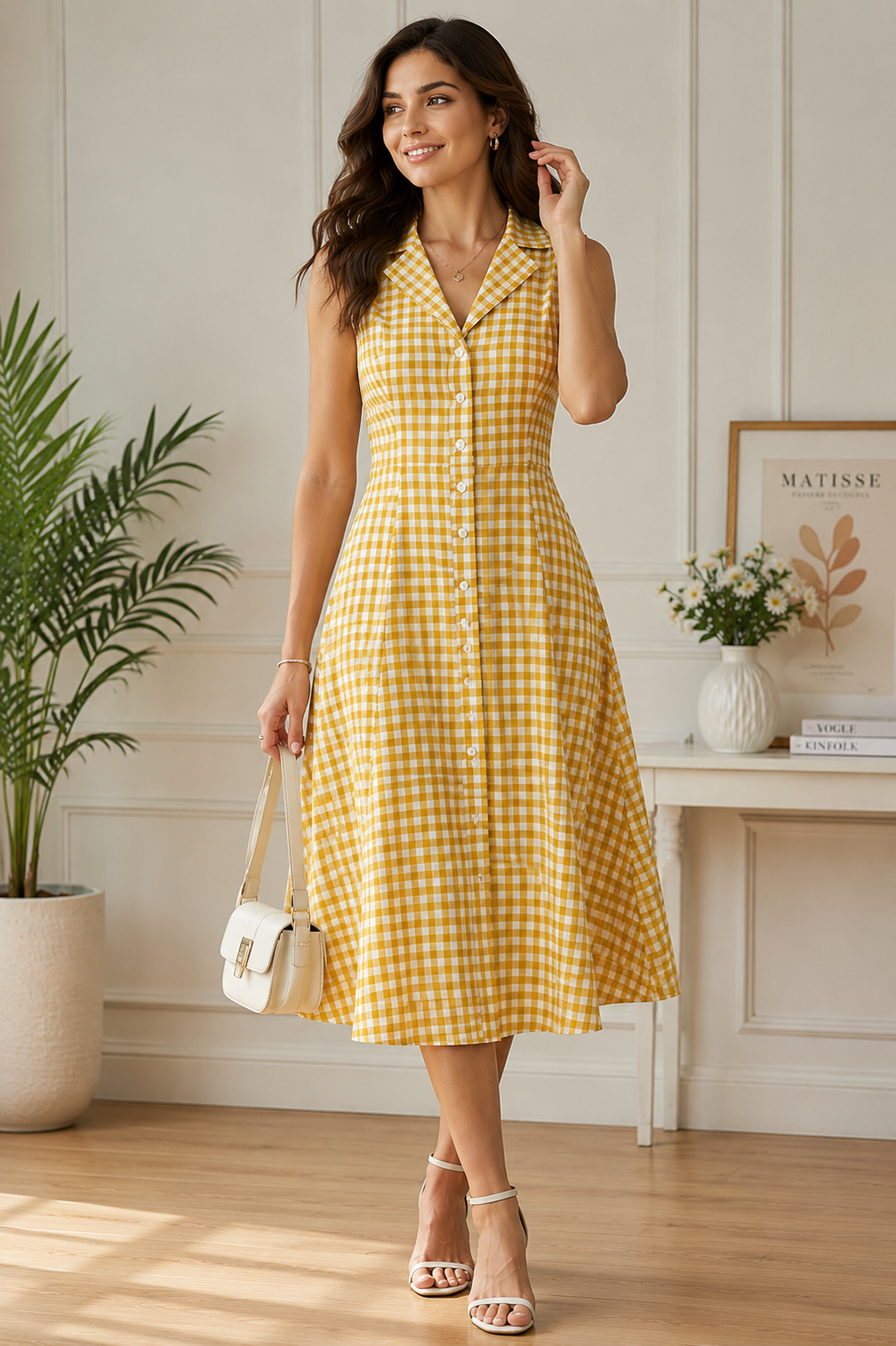 Golden Meadow Gingham Midi Dress