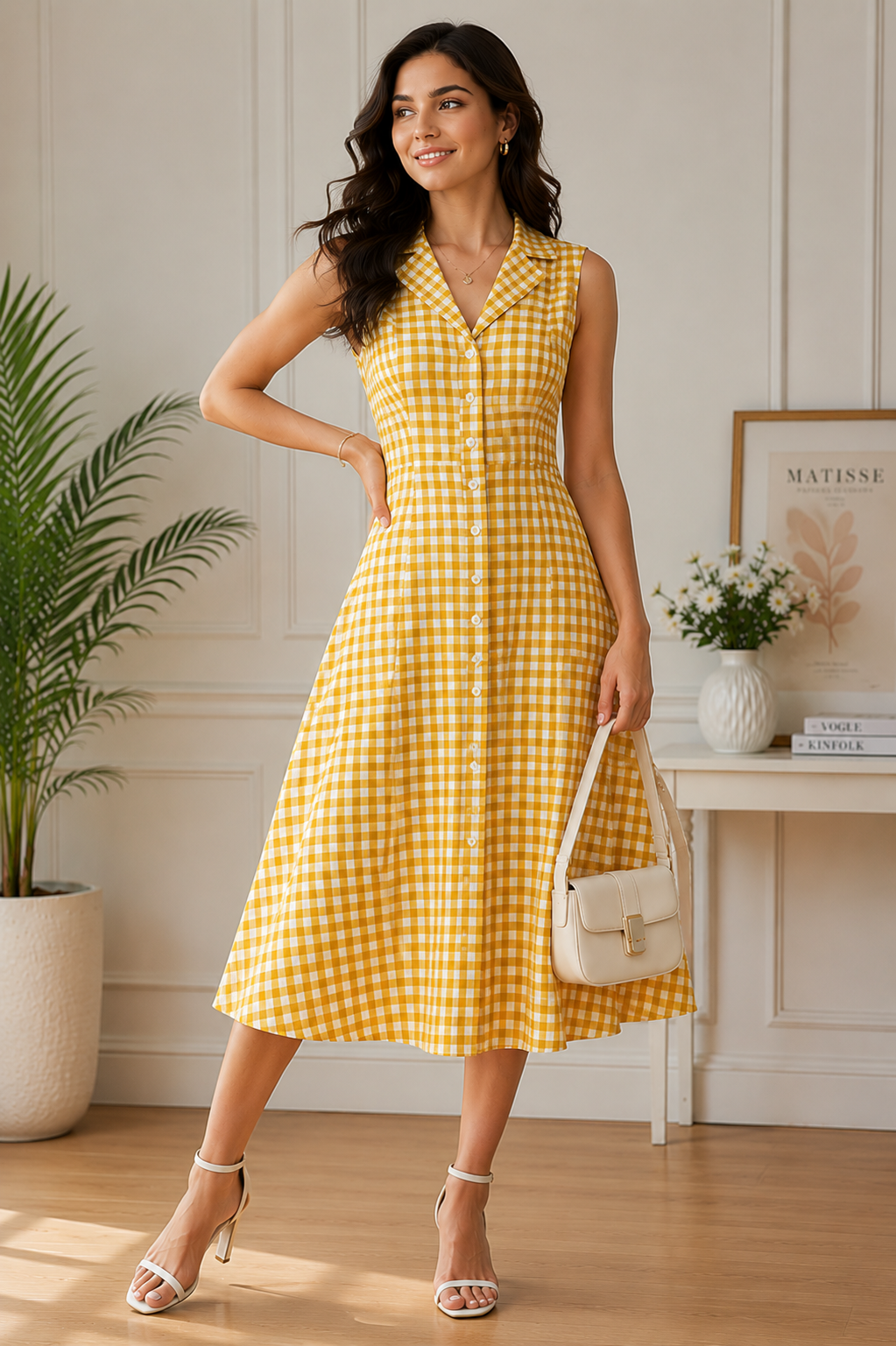 Golden Meadow Gingham Midi Dress