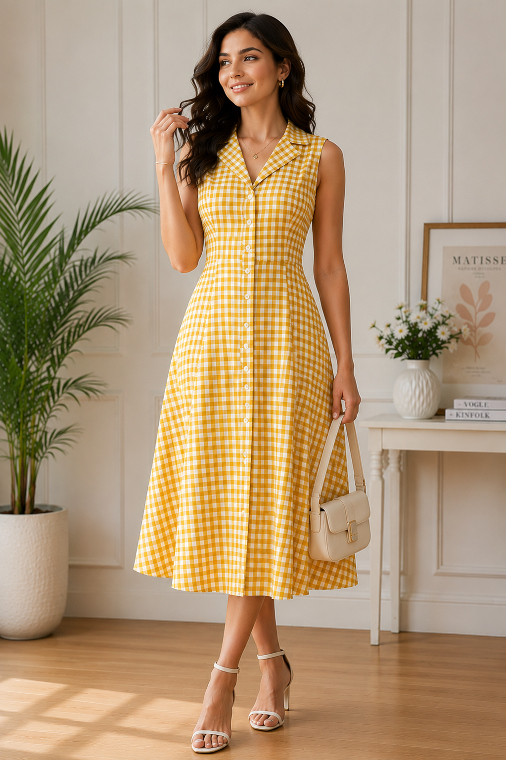 Golden Meadow Gingham Midi Dress